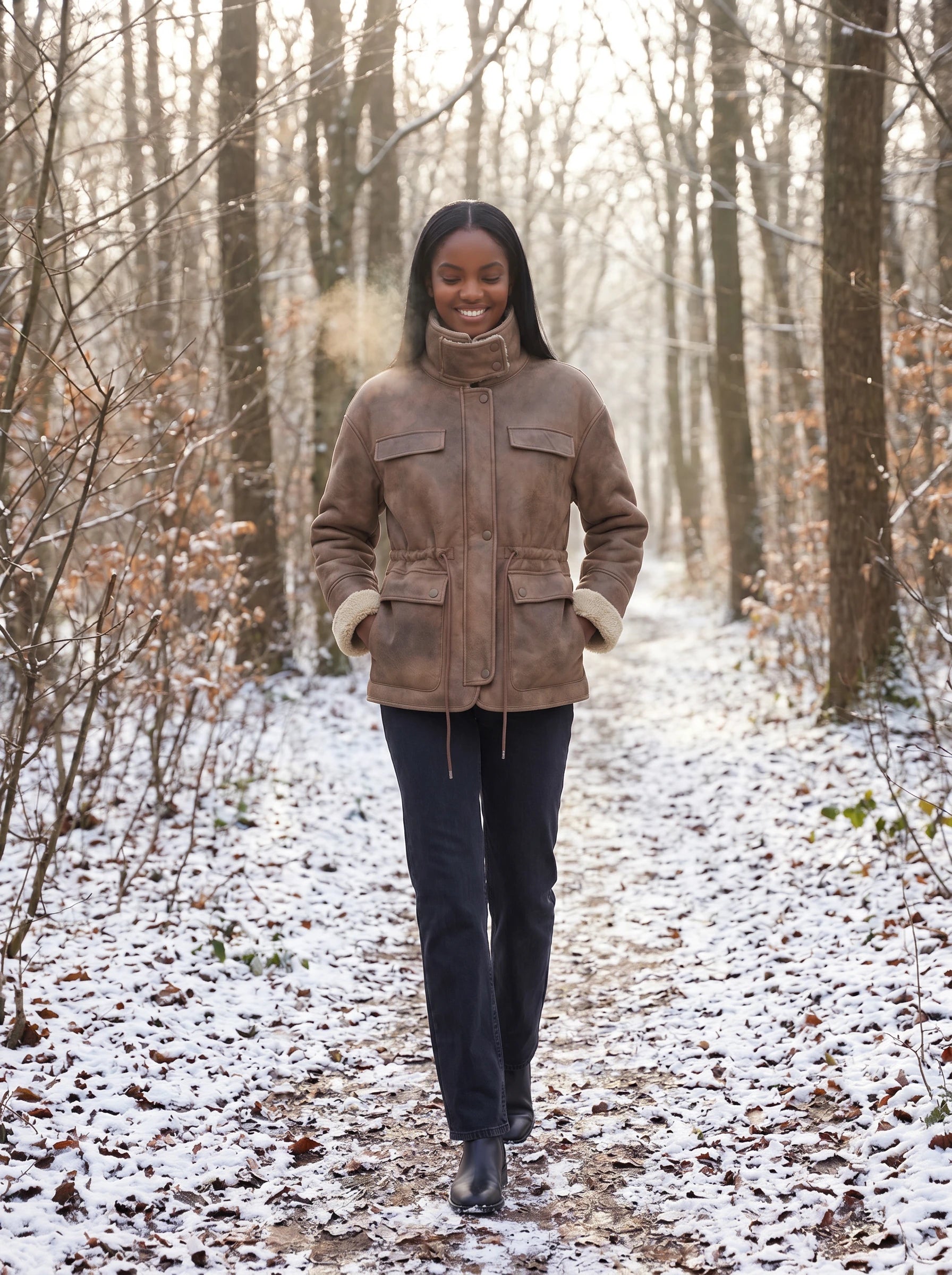 Veste aviateur réversible caramel Christiane, portée dans une forêt légèrement enneigée