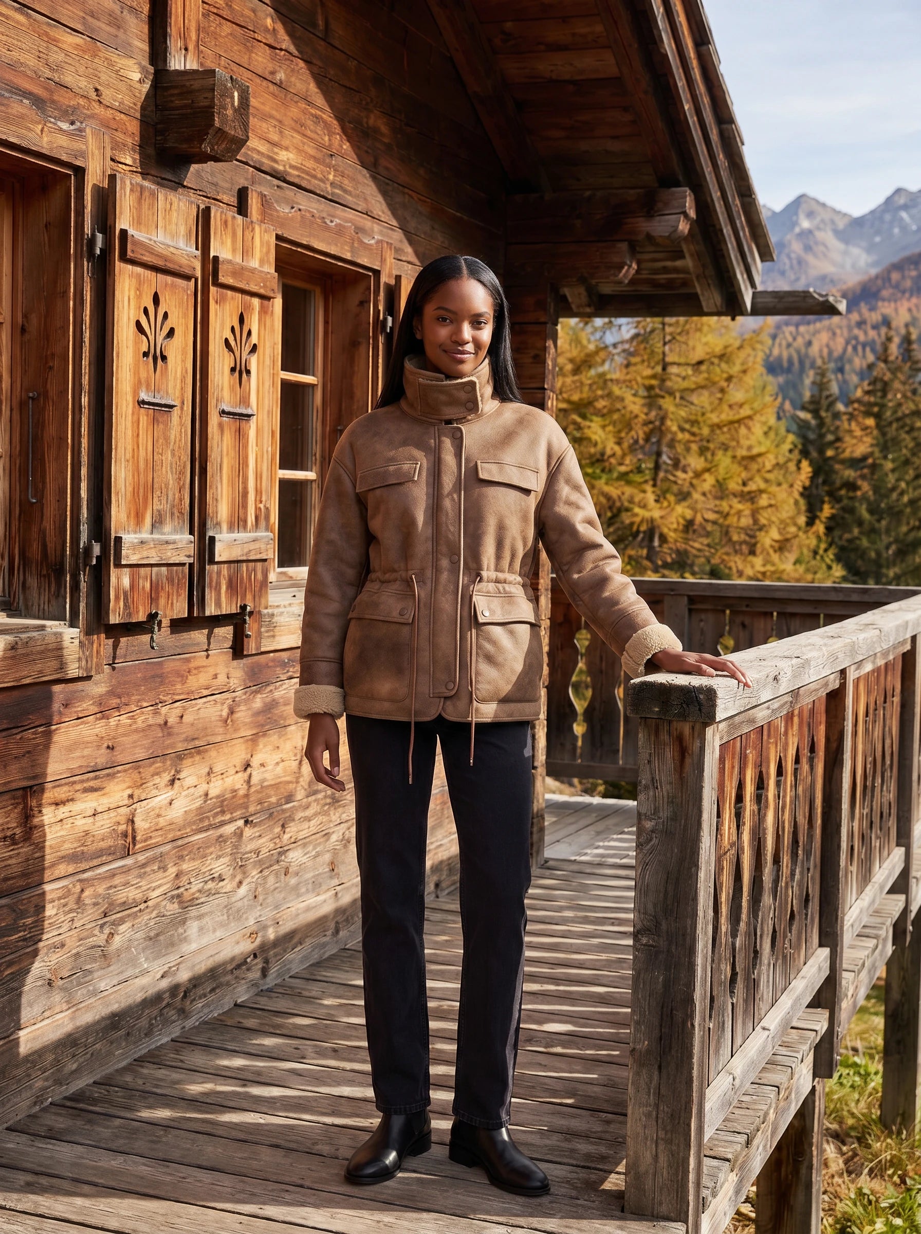 Veste aviateur réversible caramel Christiane, portée devant un chalet de montagne en bois