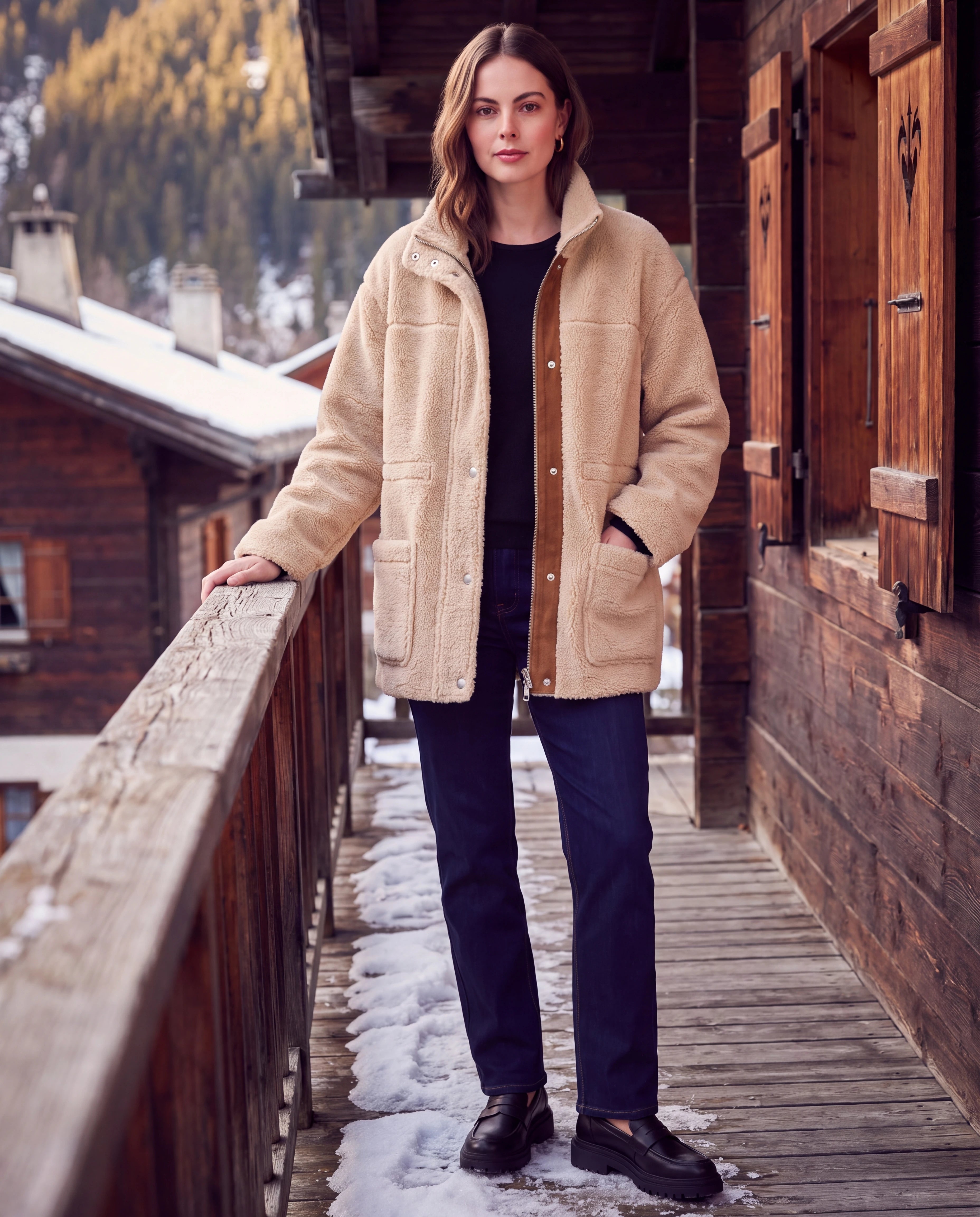 Veste aviateur réversible Christiane portée côté sherpa, au balcon d'un chalet de montagne