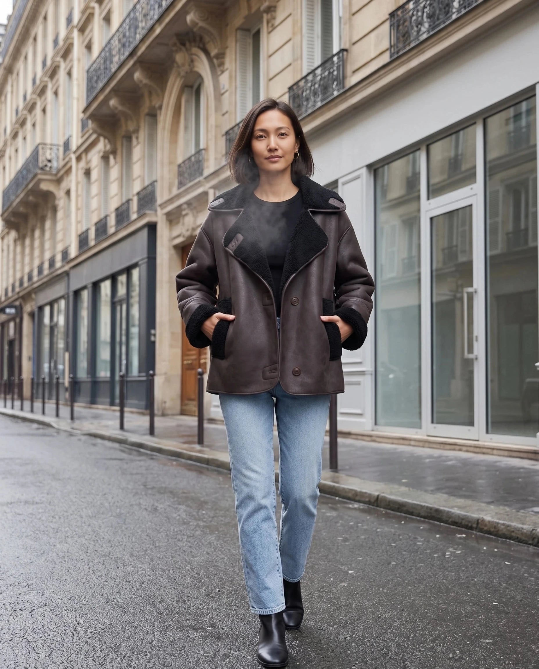 Veste aviateur brun à col sherpa Flore, portée dans une rue d'hiver parisienne