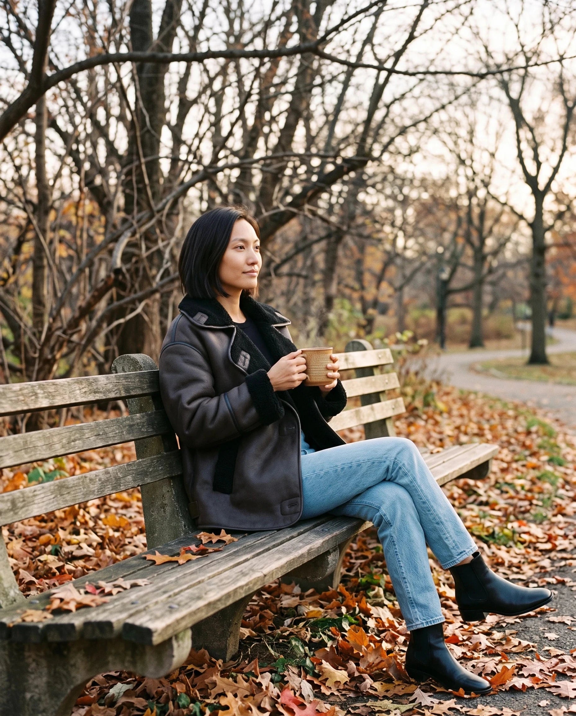 Veste aviateur brun à col sherpa Flore, portée sur un banc de parc en automne