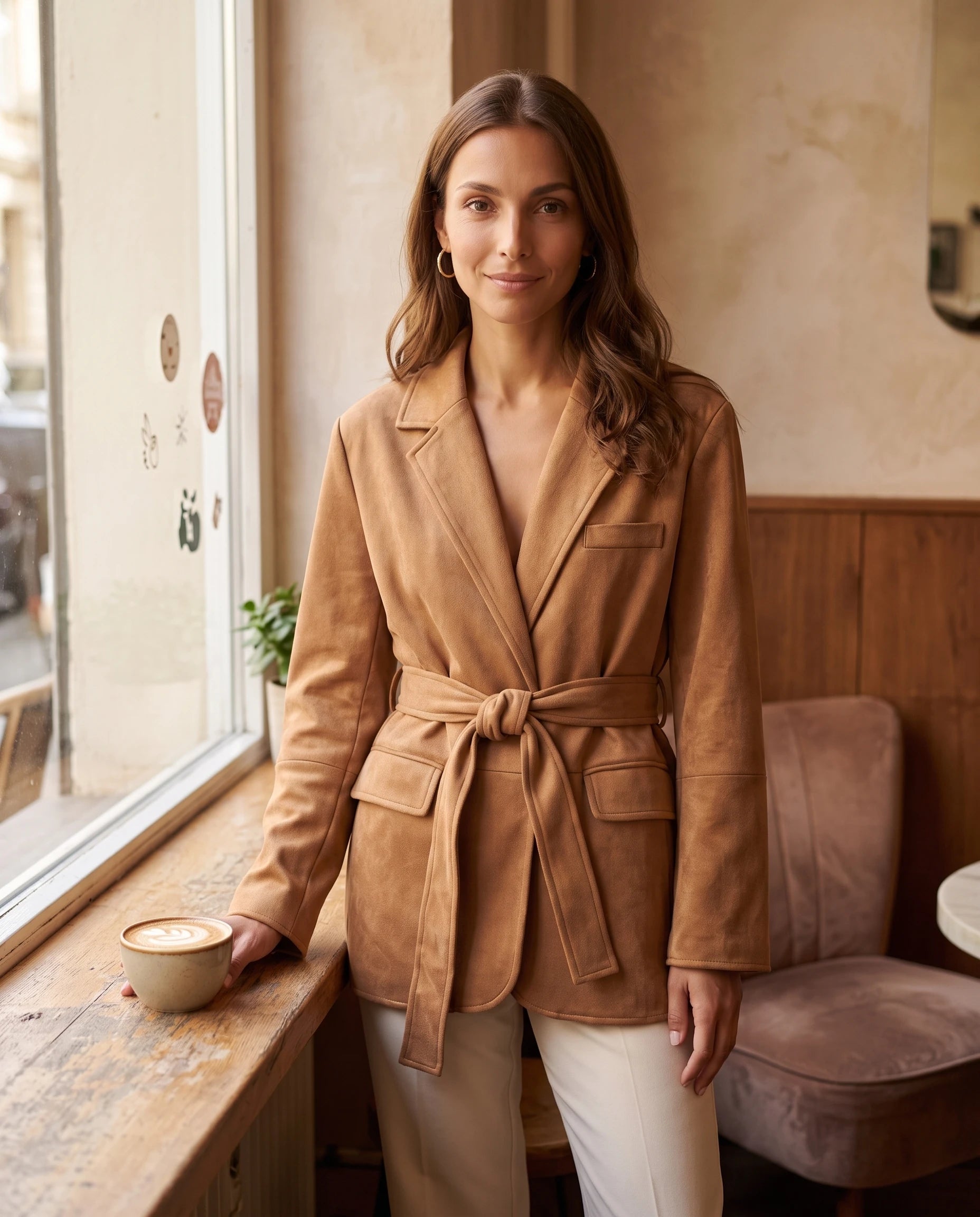 Veste-blazer en suédine camel Cosette, portée à la fenêtre d'un café