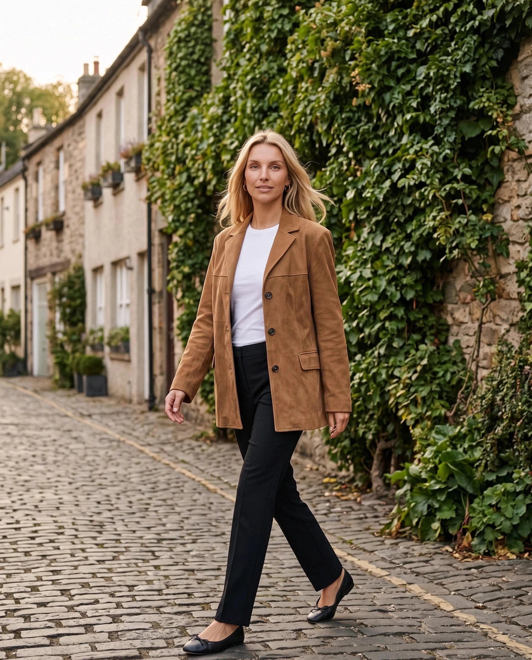 Veste-blazer en suédine marron Clothilde, portée le long d'un mur de lierre