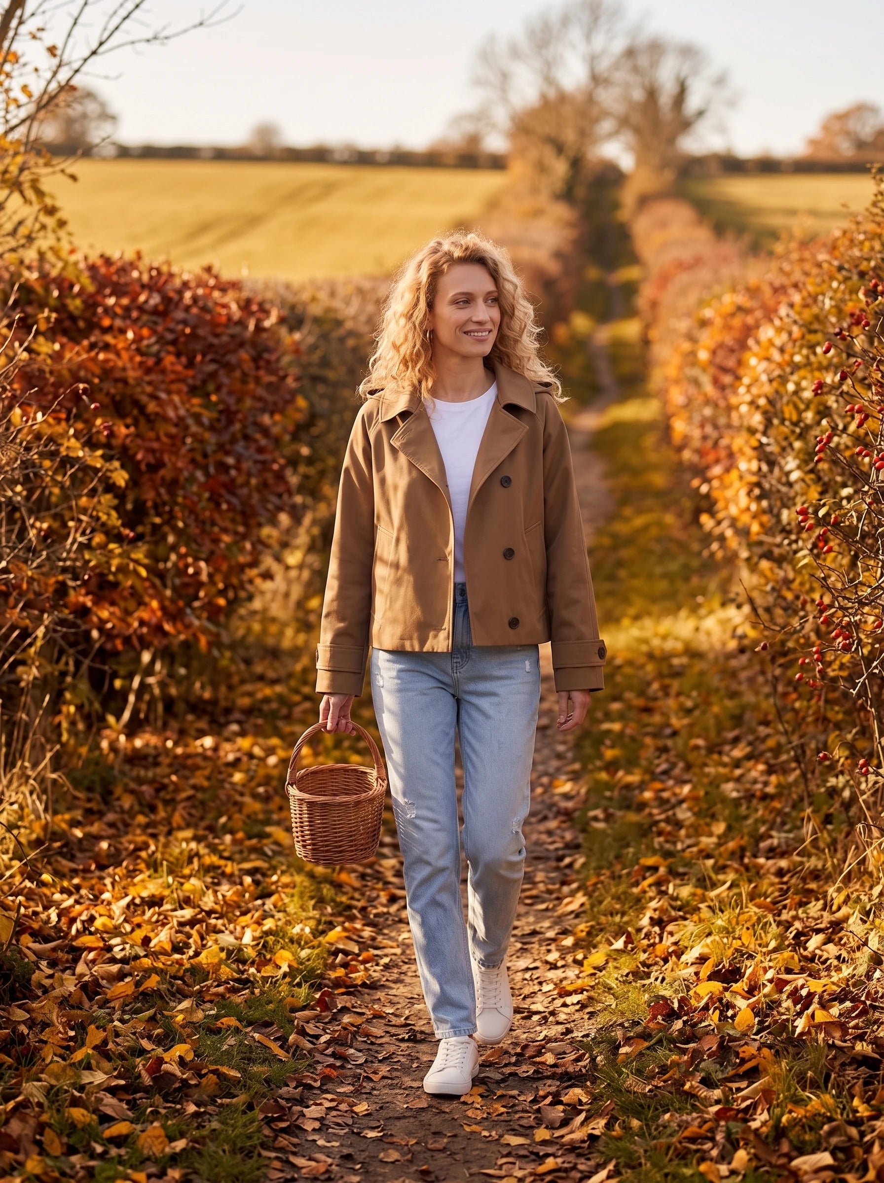 Veste à capuche brun Georgette, portée sur un chemin de campagne en automne