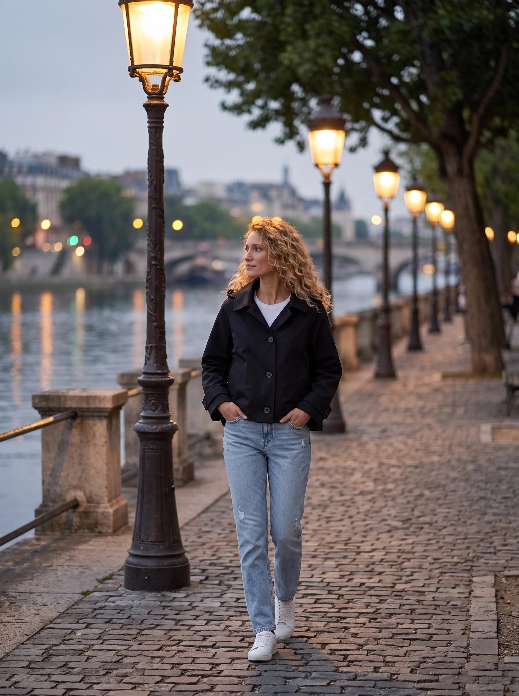 Veste à capuche noir Georgette, portée sur une promenade au bord de l'eau le soir