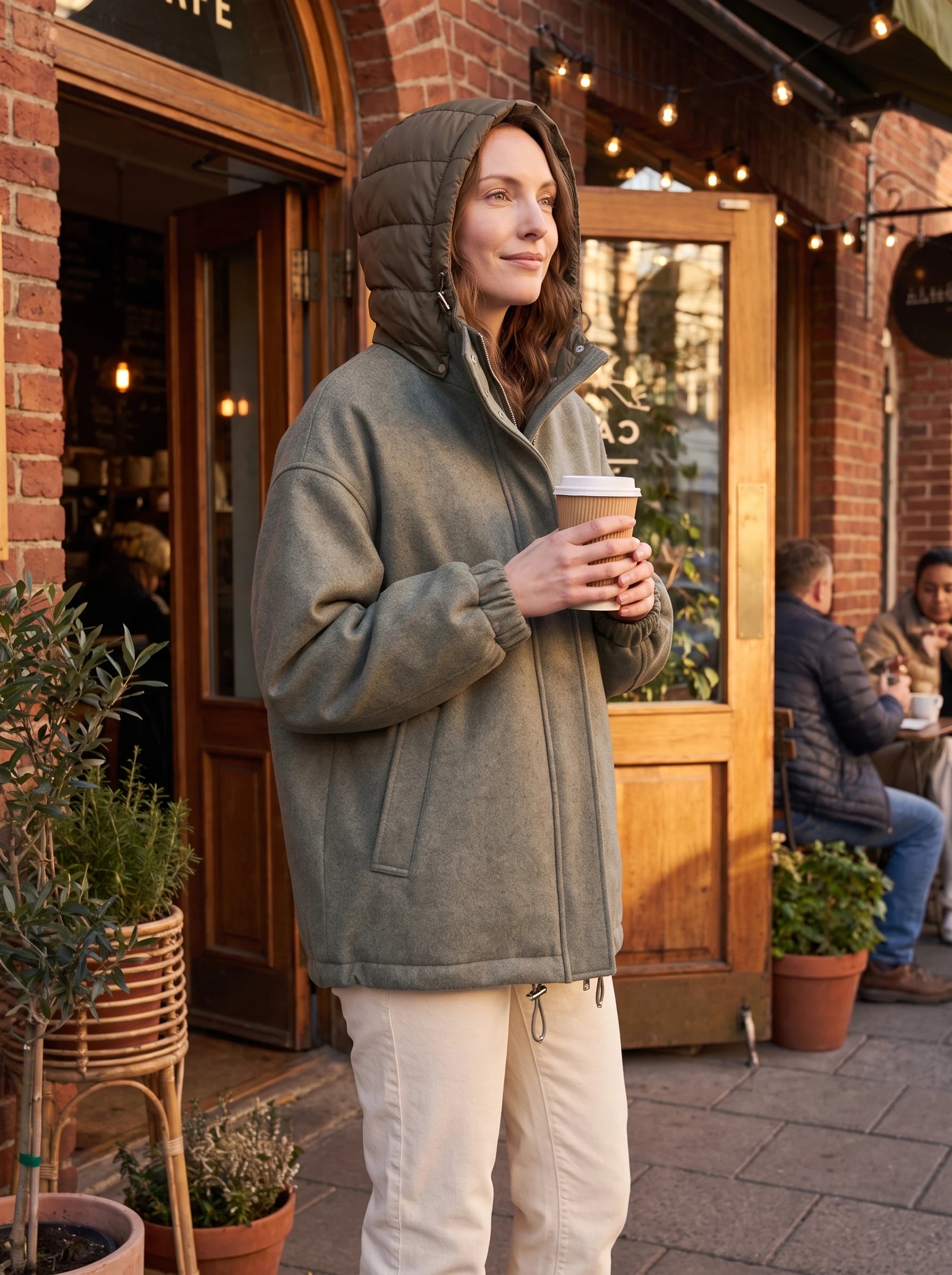 Veste à capuche matelassée Gwenaëlle portée capuche relevée devant un café