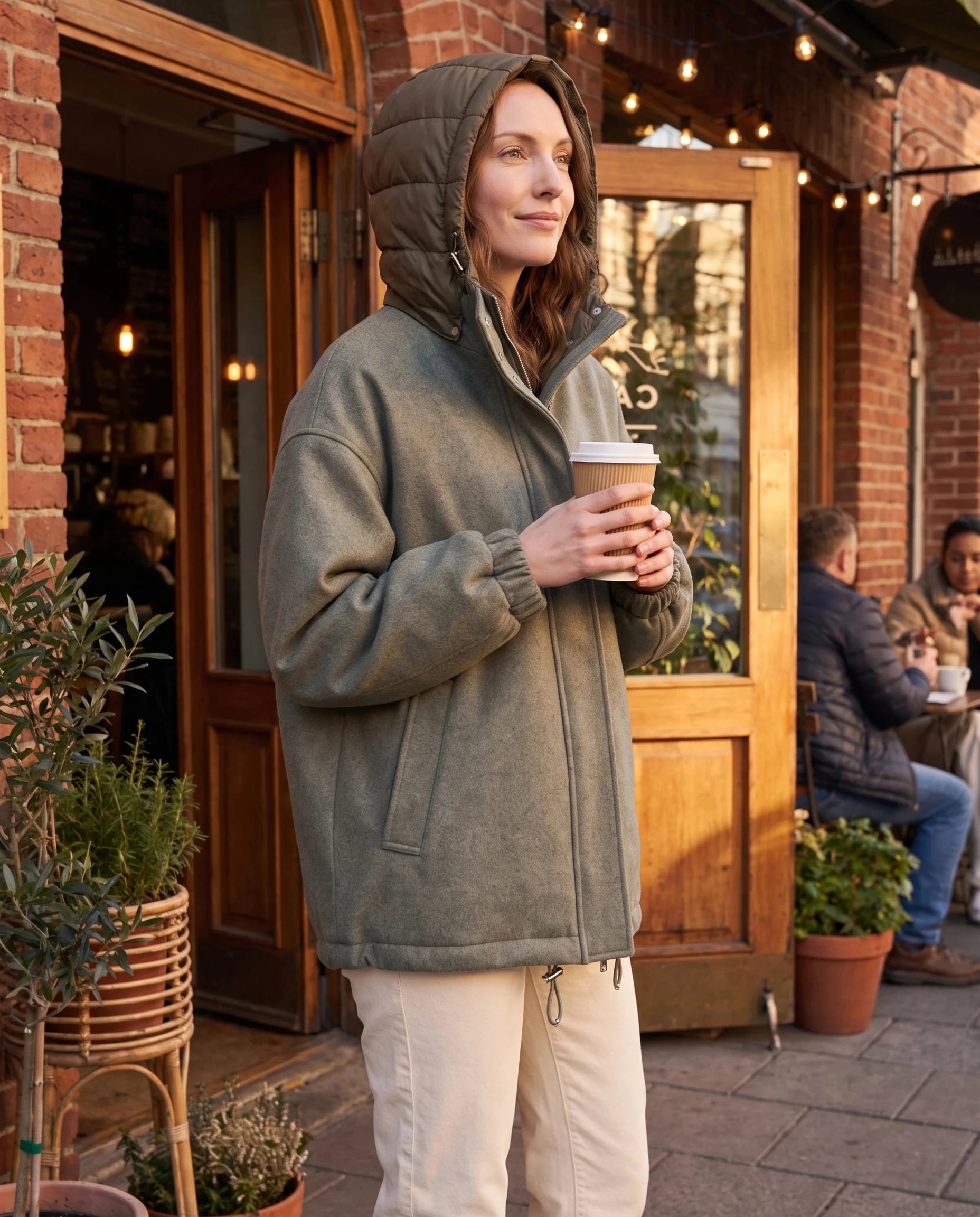 Veste à capuche matelassée Gwenaëlle portée capuche relevée devant un café