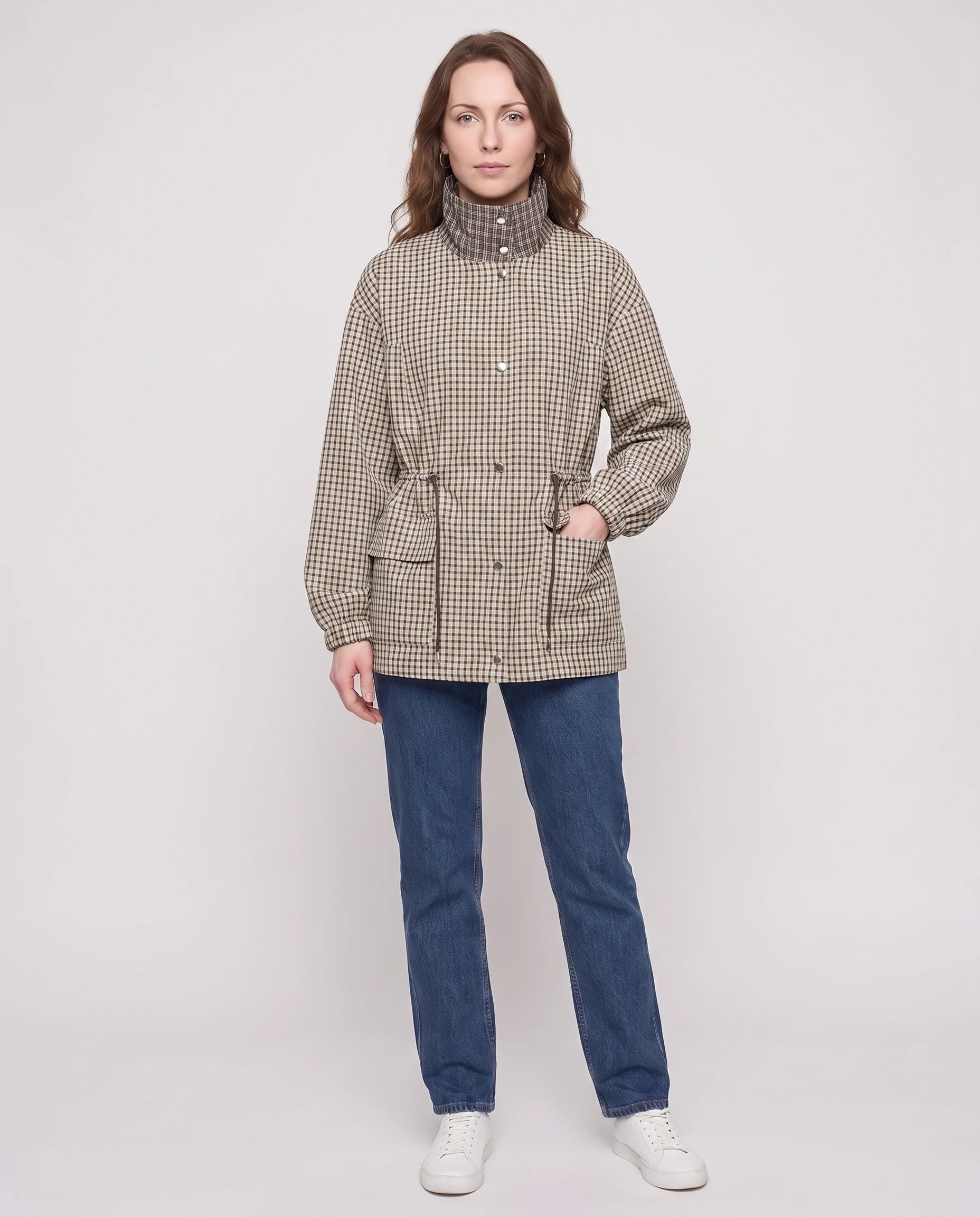 Veste col cheminée à carreaux Cléo — vue de face en studio, col relevé — coloris carreaux