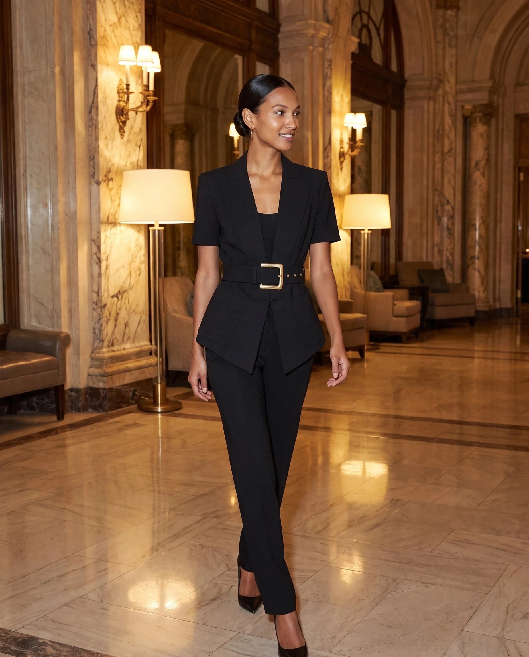 Veste ceinturée noire Aimée, portée dans un hall en marbre aux lampes chaudes