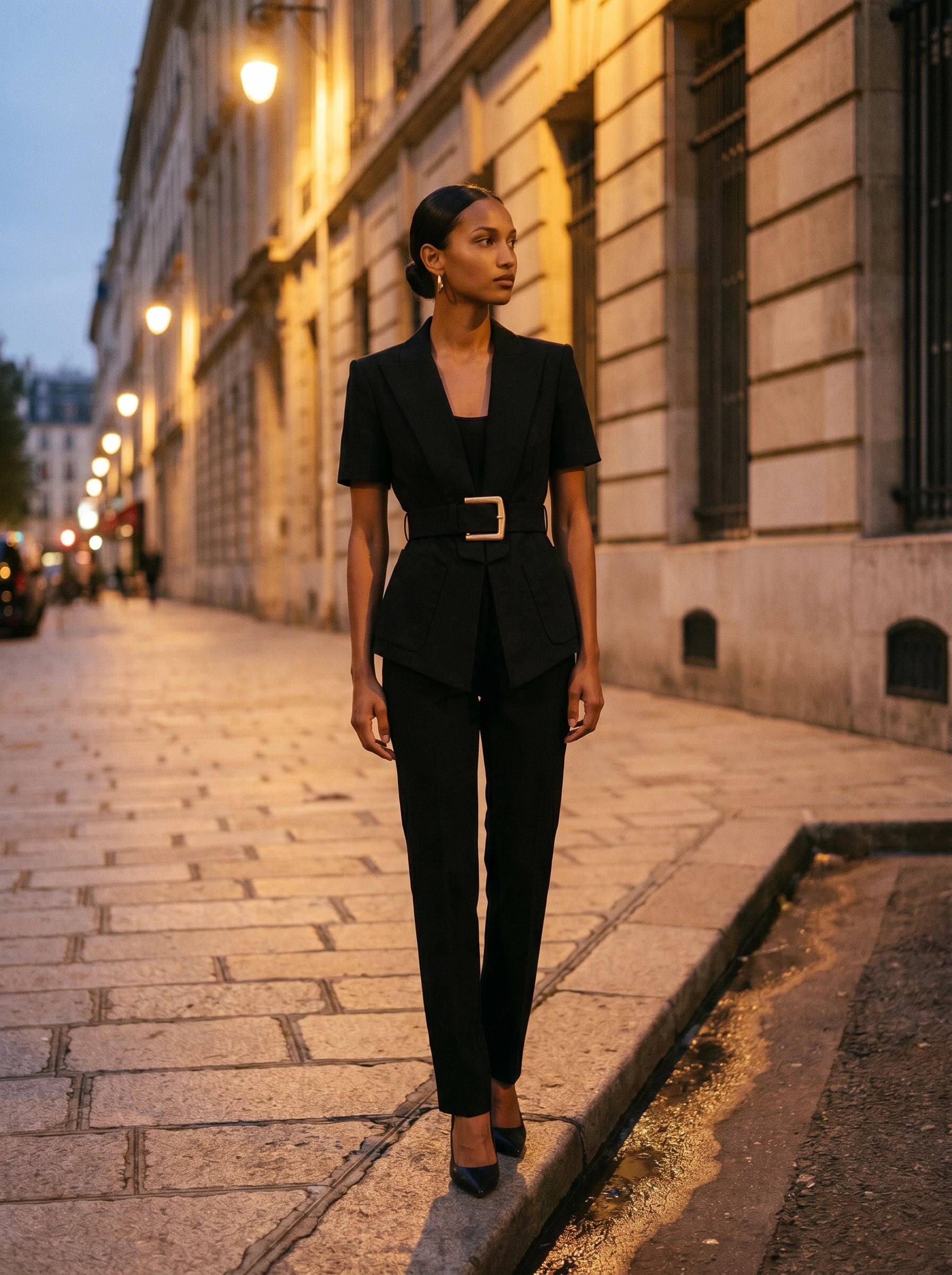 Veste ceinturée noire Aimée, portée sur une avenue en pierre le soir