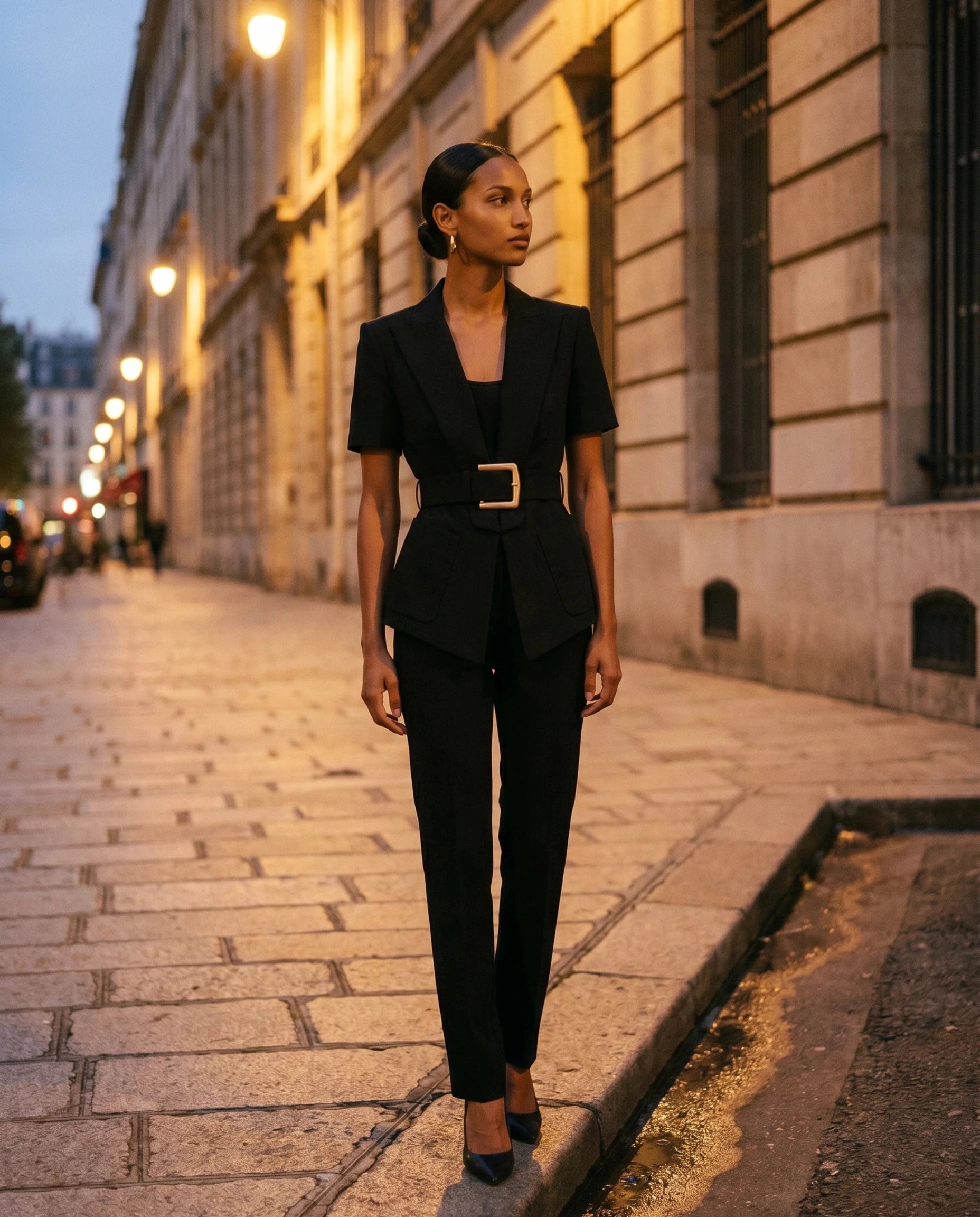 Veste ceinturée noire Aimée, portée sur une avenue en pierre le soir