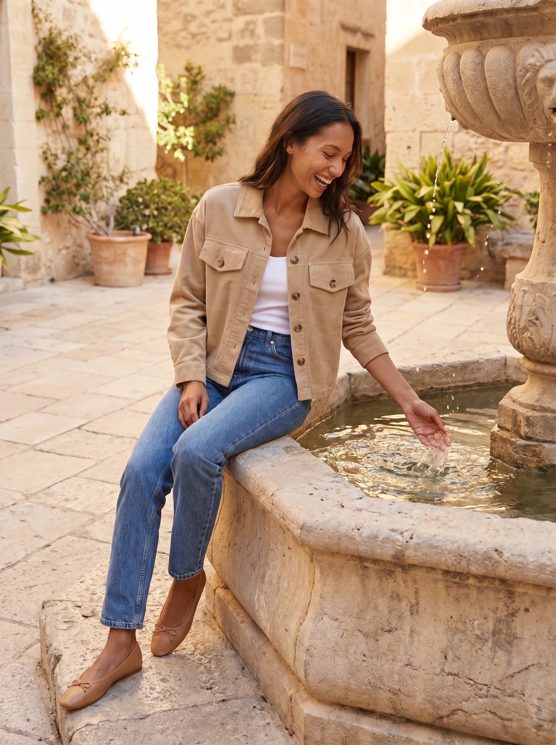 Veste chemise en velours côtelé beige Josette, portée près d'une fontaine en pierre