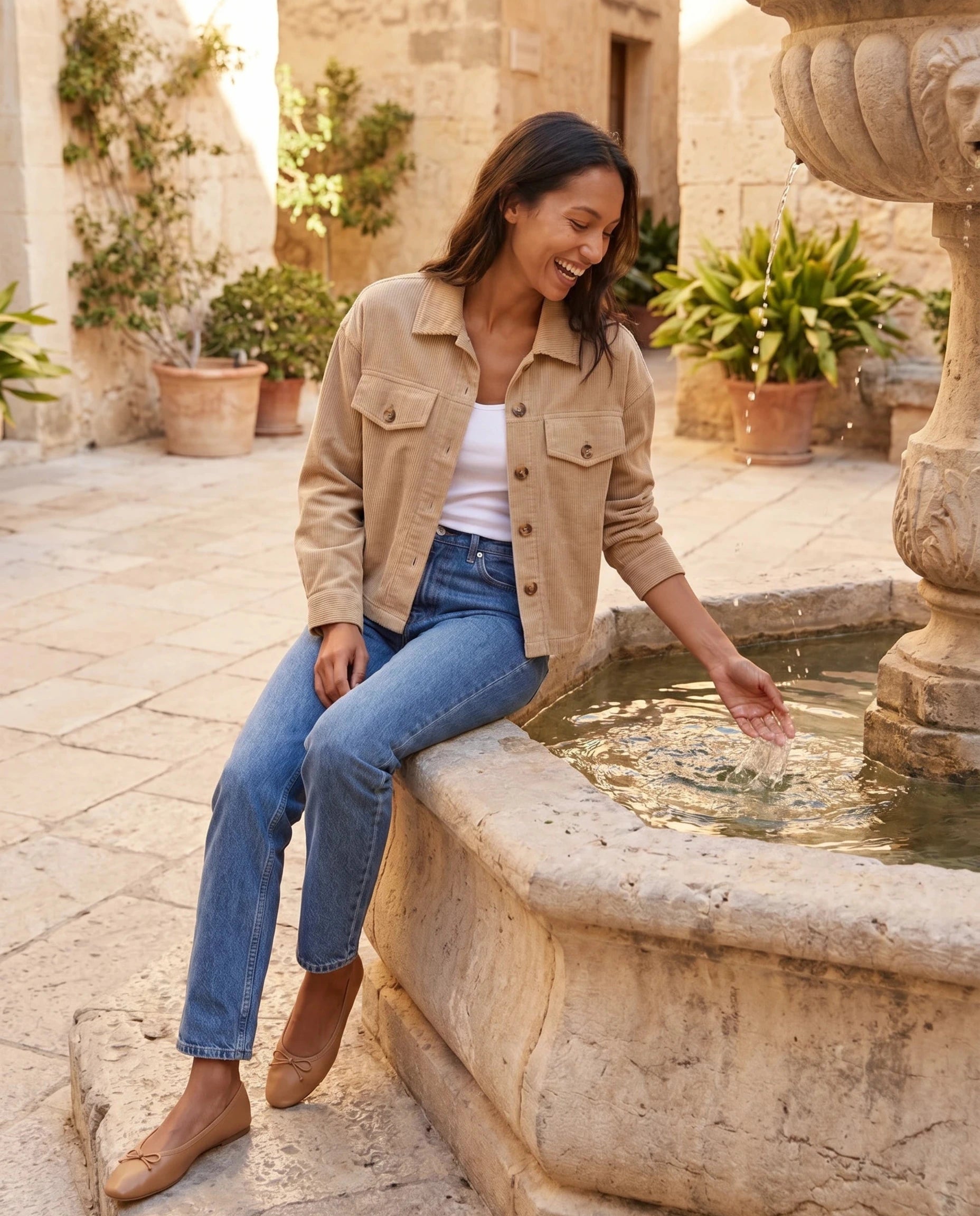 Veste chemise en velours côtelé beige Josette, portée près d'une fontaine en pierre