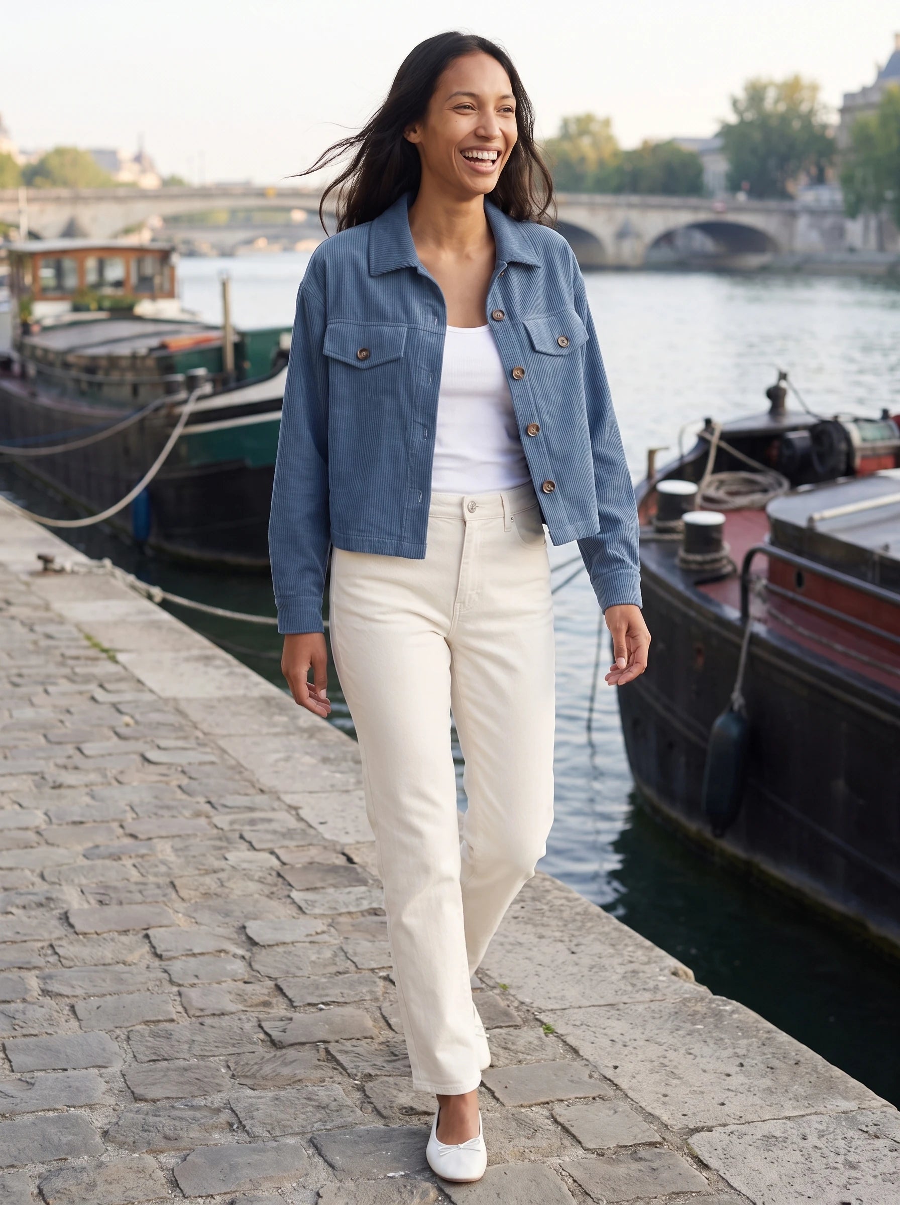 Veste chemise en velours côtelé bleu orage Josette, portée sur un quai aux péniches