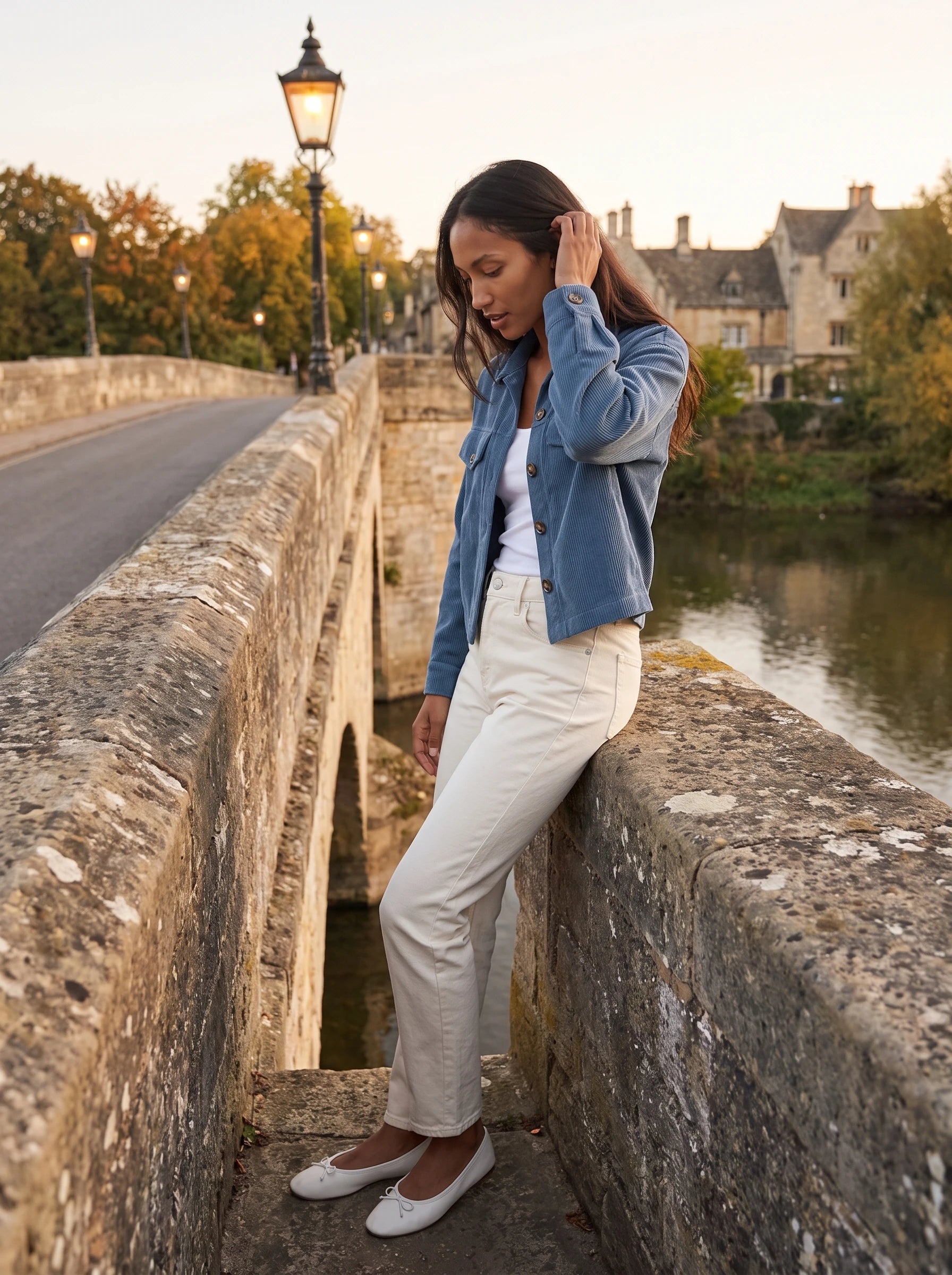 Veste chemise en velours côtelé bleu orage Josette, portée sur un pont de pierre