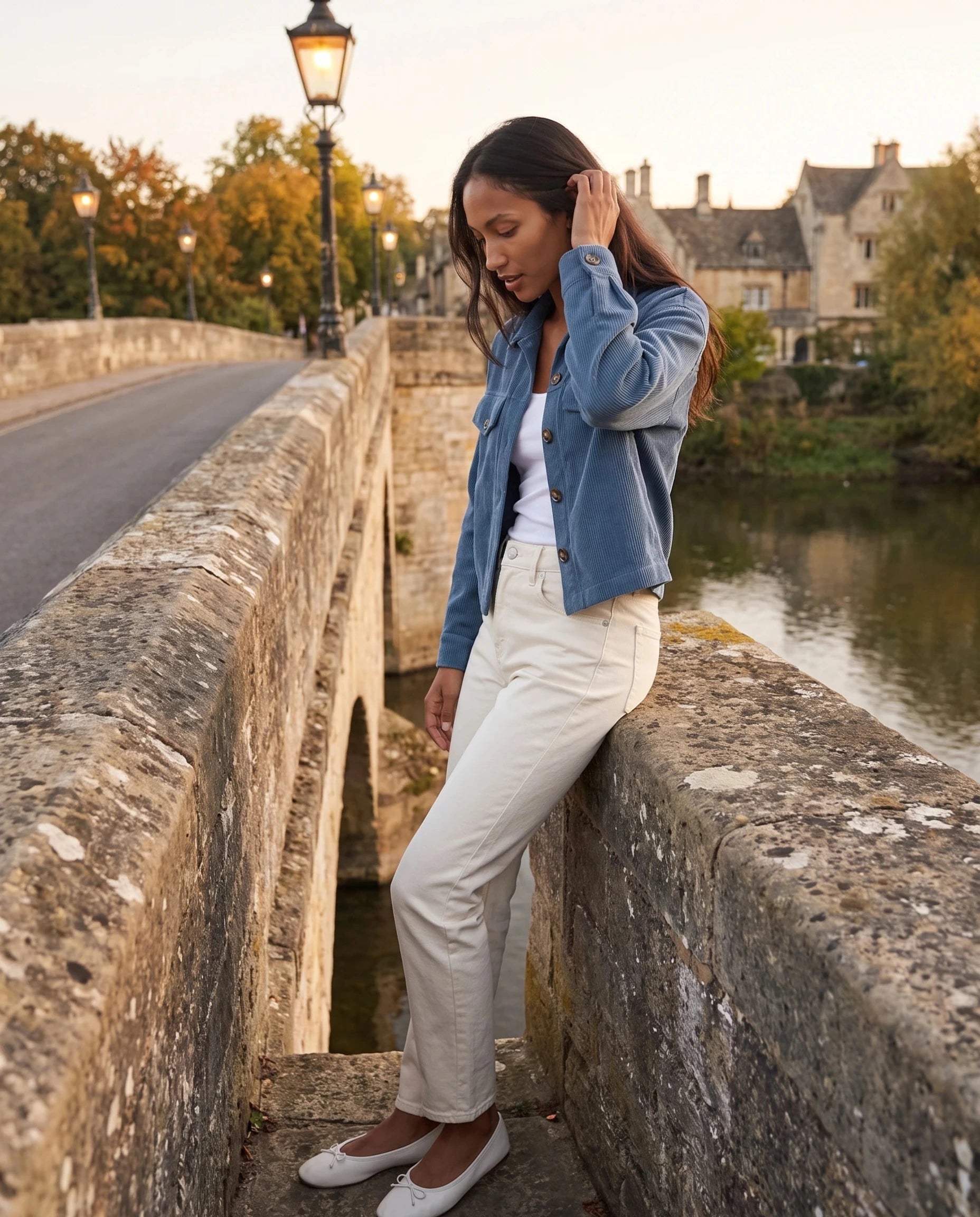 Veste chemise en velours côtelé bleu orage Josette, portée sur un pont de pierre