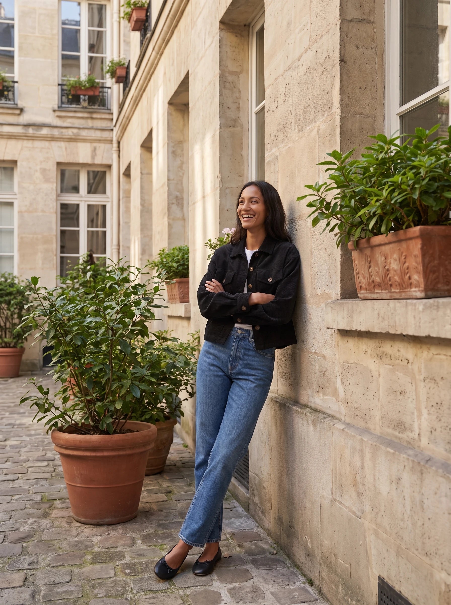 Veste chemise en velours côtelé noire Josette, portée dans une cour d'immeuble haussmannien