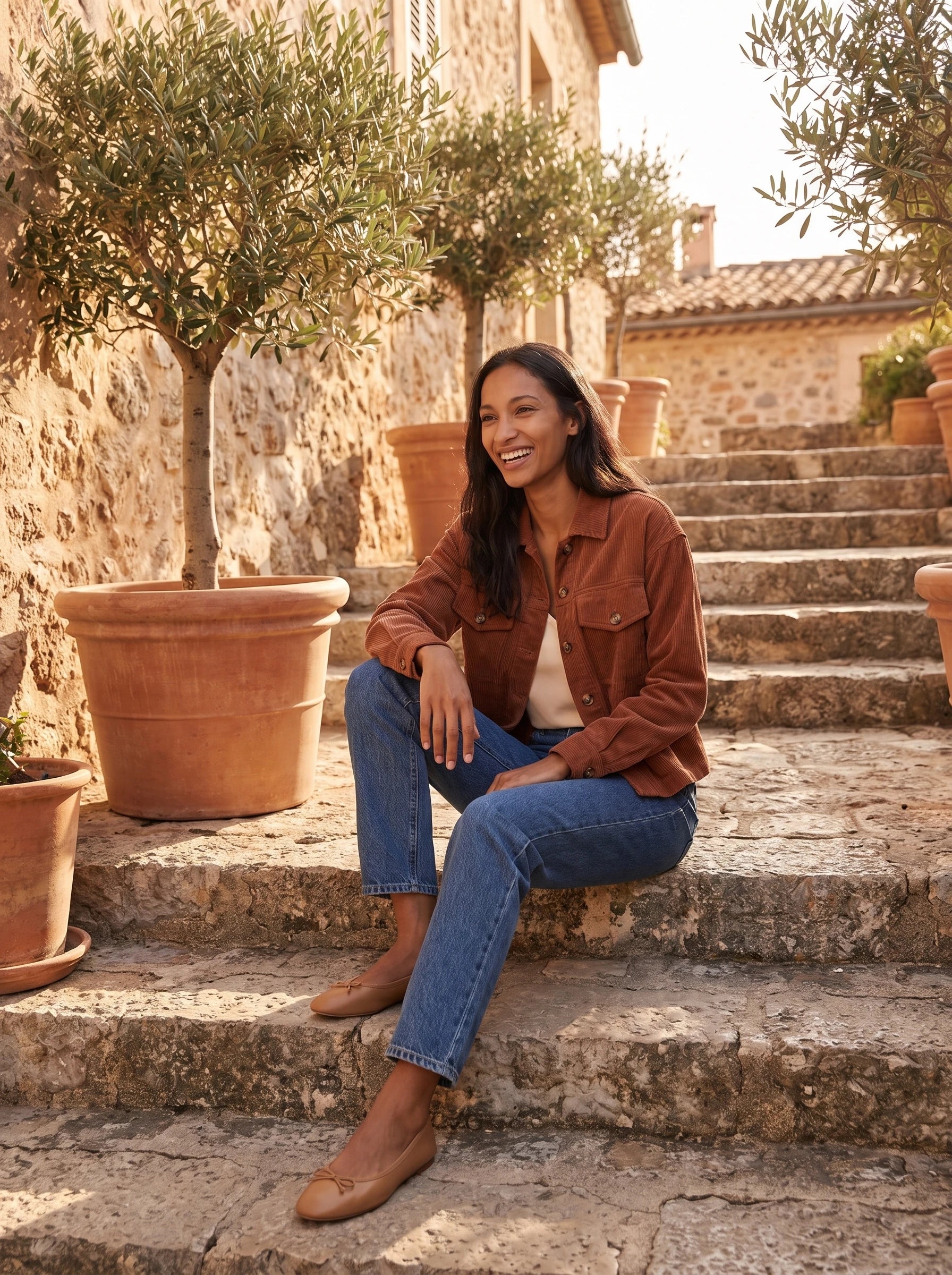 Veste chemise en velours côtelé terracotta Josette, portée dans un escalier bordé d'oliviers
