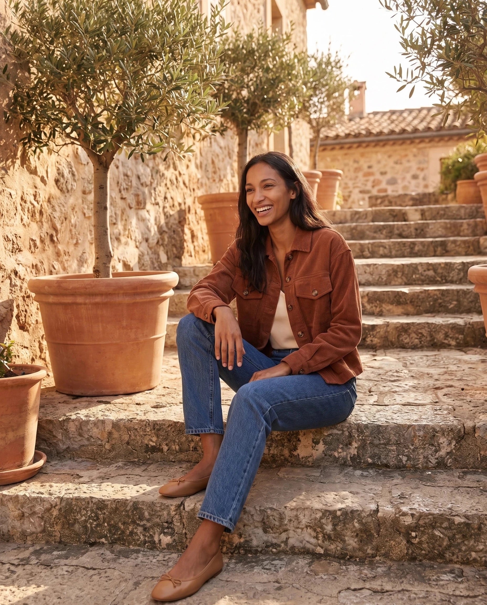 Veste chemise en velours côtelé terracotta Josette, portée dans un escalier bordé d'oliviers