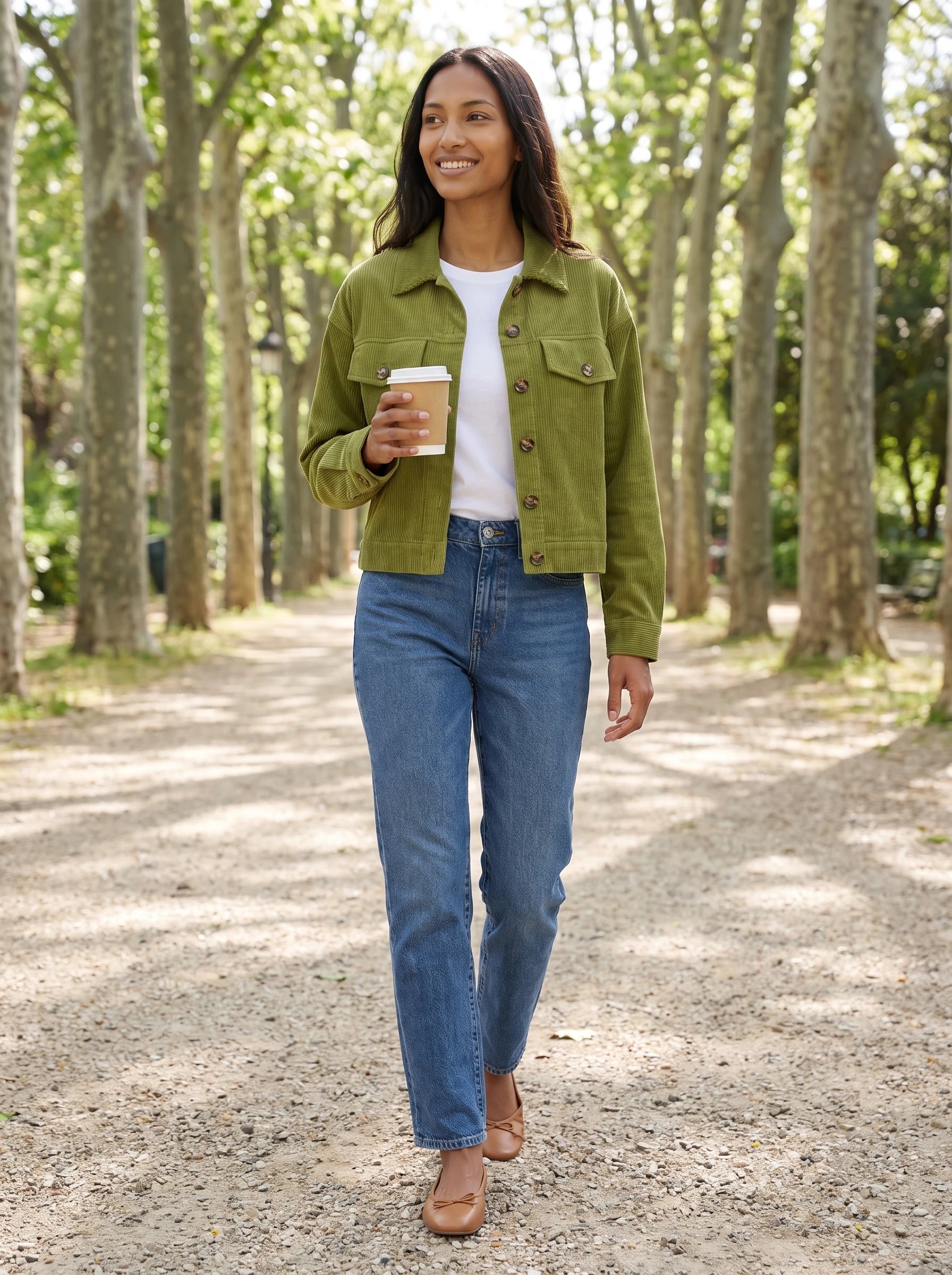 Veste chemise en velours côtelé vert olive Josette, portée dans un parc aux platanes
