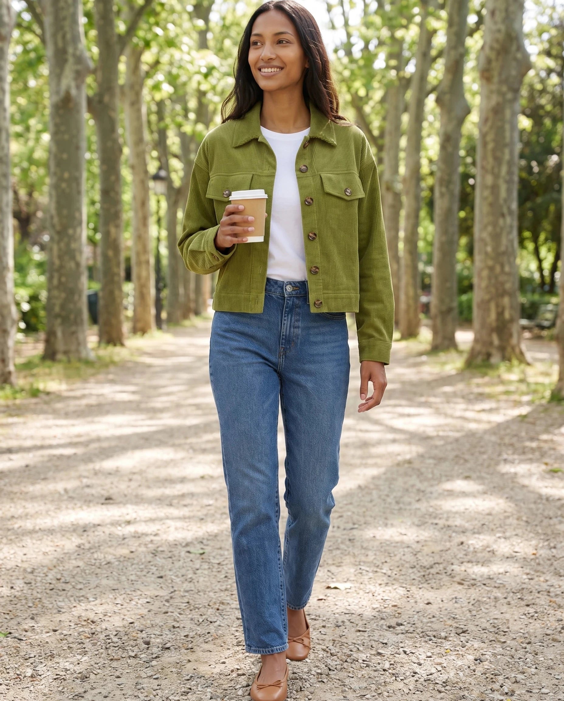 Veste chemise en velours côtelé vert olive Josette, portée dans un parc aux platanes