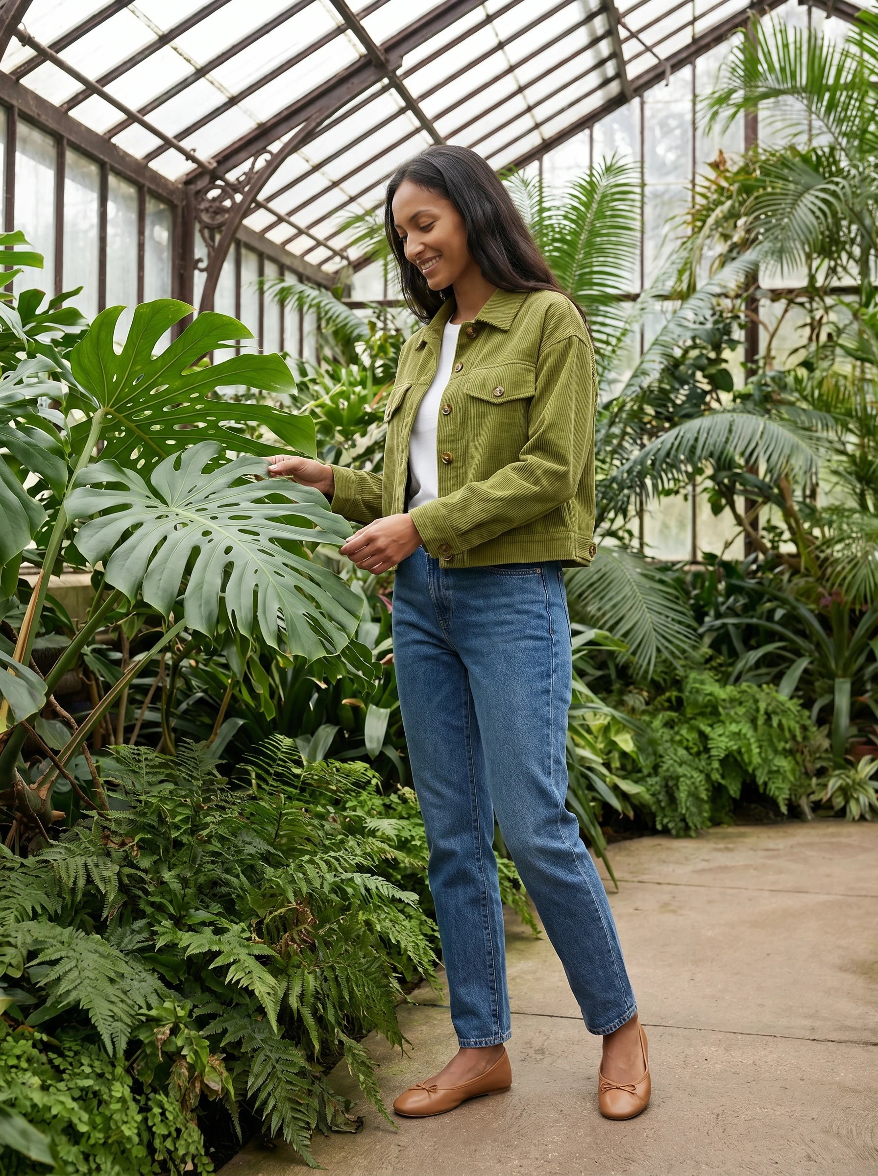 Veste chemise en velours côtelé vert olive Josette, portée dans une serre botanique