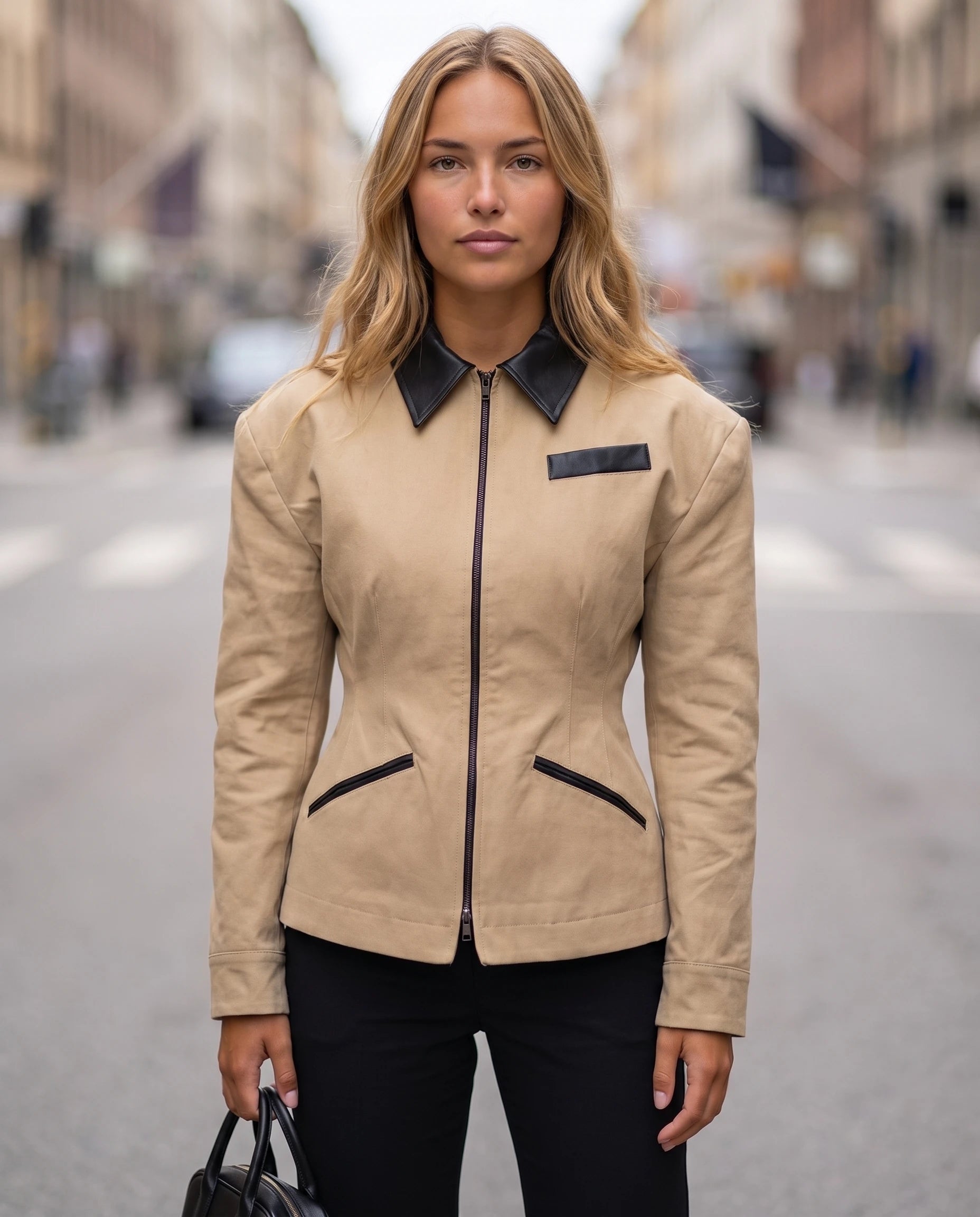 Veste cintrée à empiècements simili Charlotte, détail du col simili et du buste