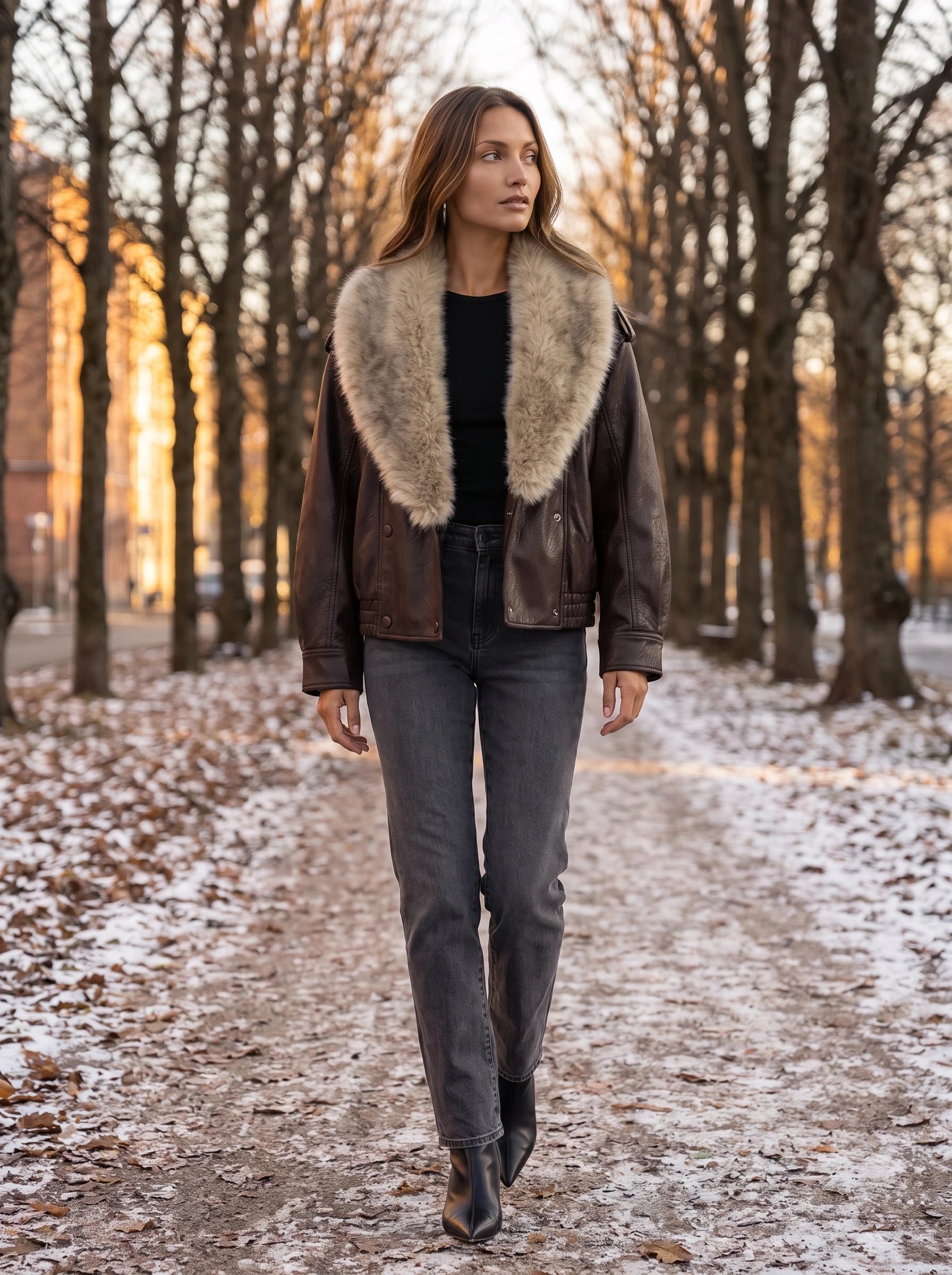 Veste simili marron à col fausse fourrure Honorée, portée sur une avenue d'hiver