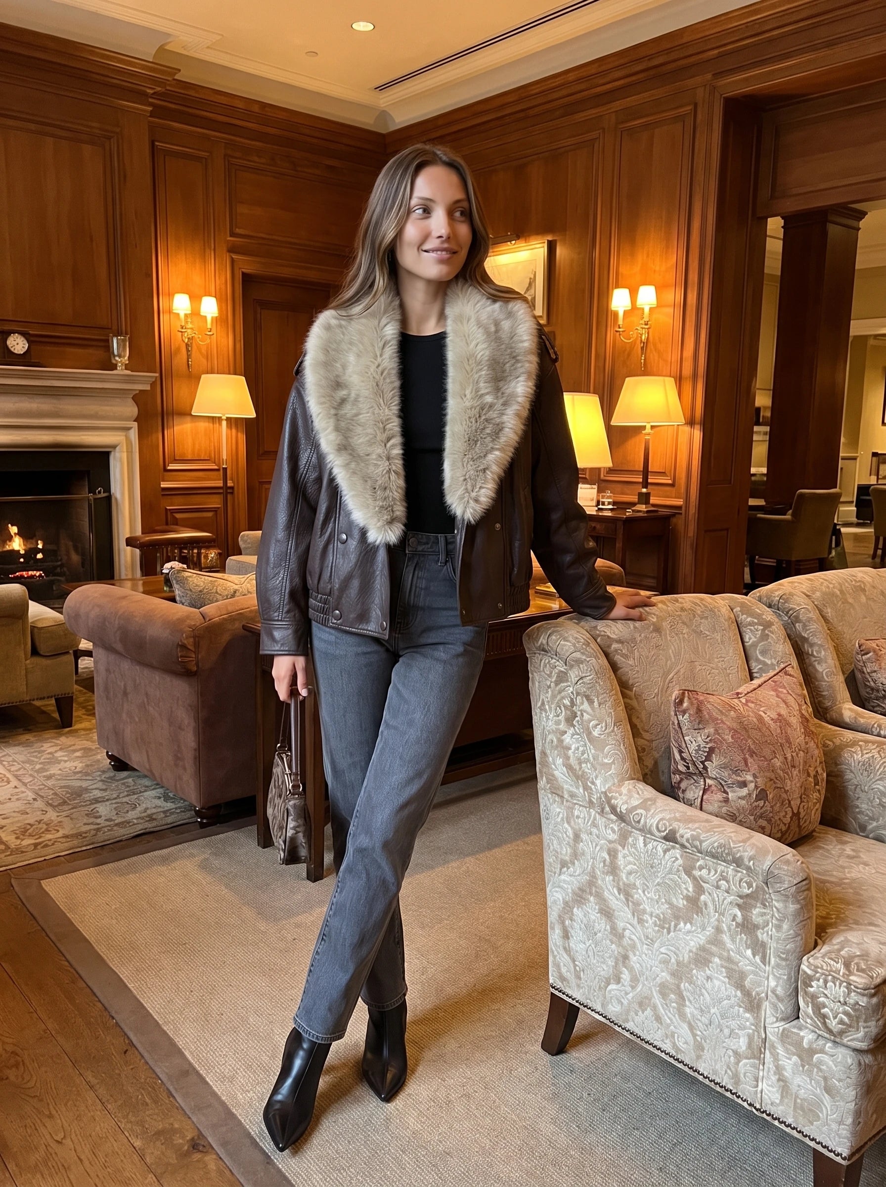 Veste simili marron à col fausse fourrure Honorée, portée dans un hall d'hôtel boisé