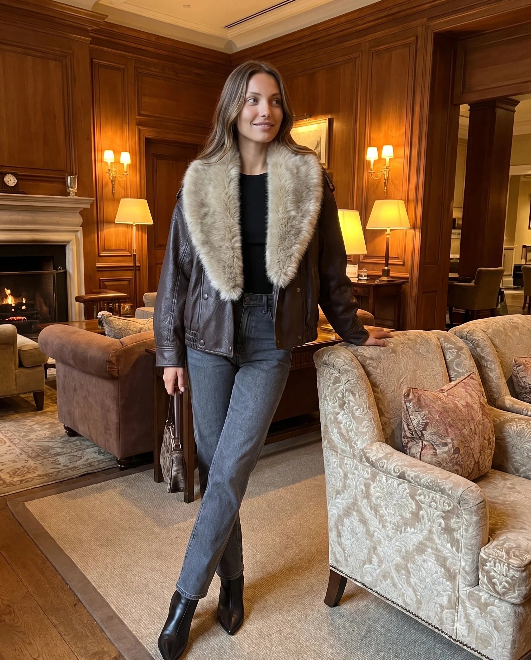 Veste simili marron à col fausse fourrure Honorée, portée dans un hall d'hôtel boisé