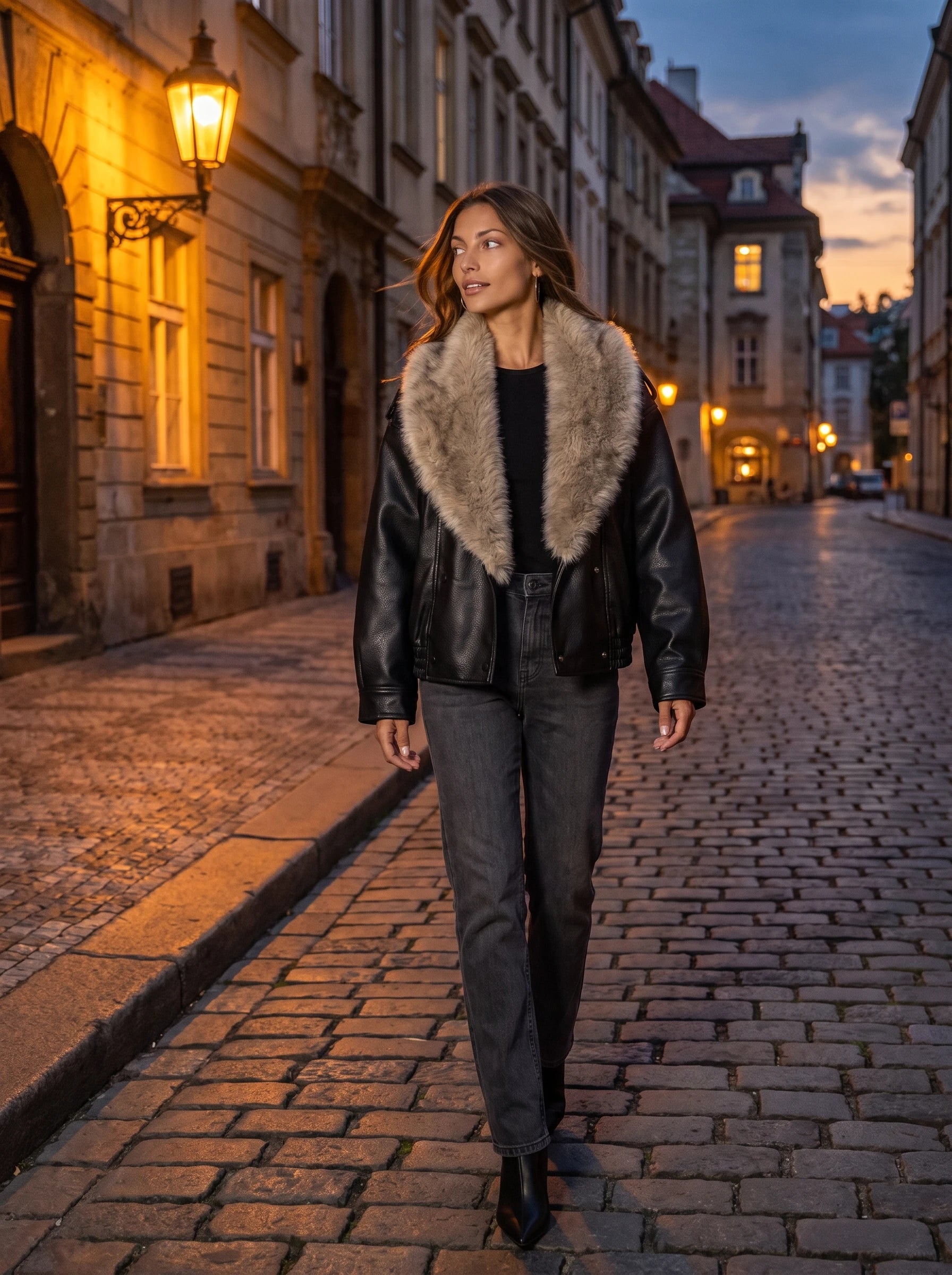 Veste simili noire à col fausse fourrure Honorée, portée dans une rue pavée au crépuscule