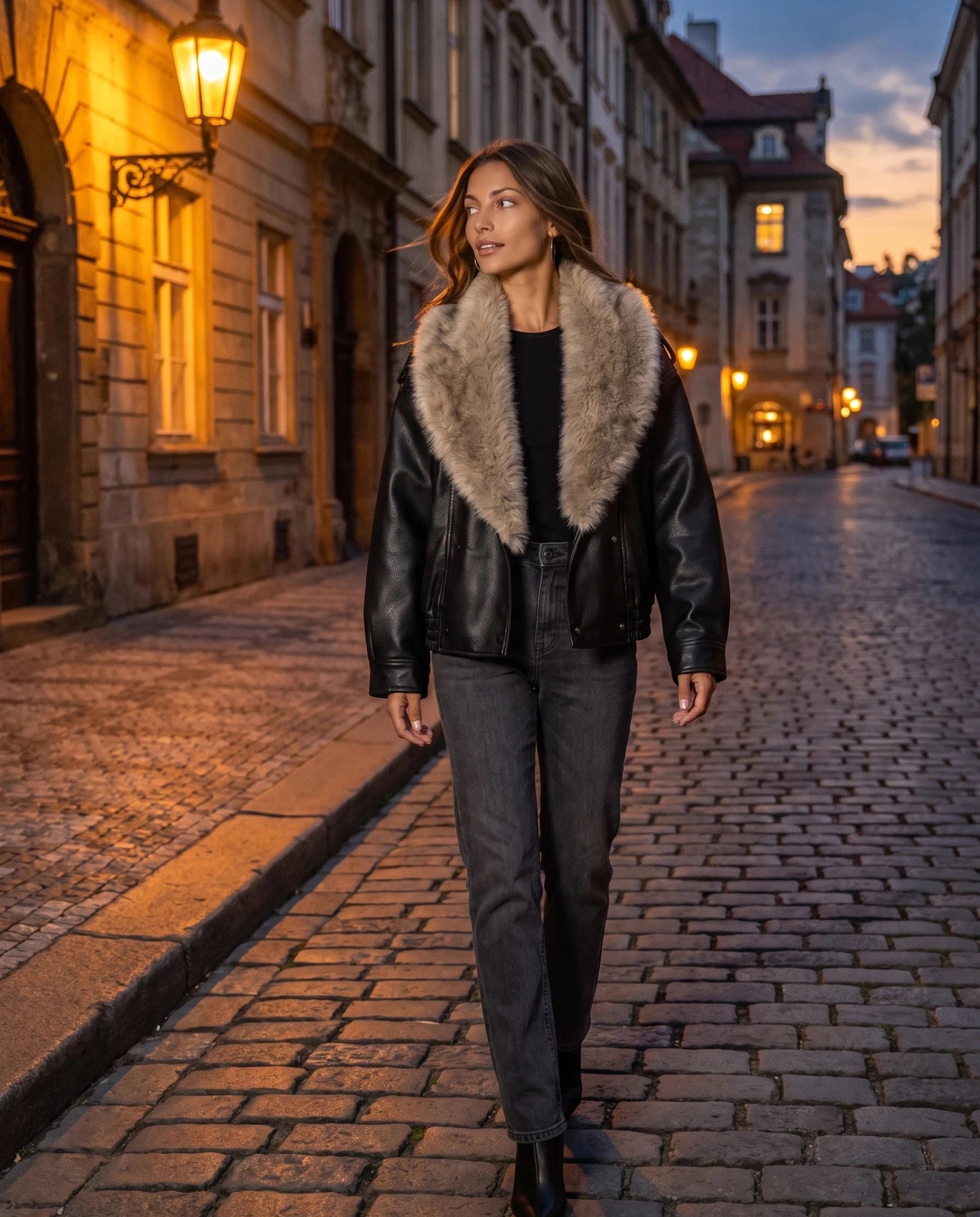 Veste simili noire à col fausse fourrure Honorée, portée dans une rue pavée au crépuscule