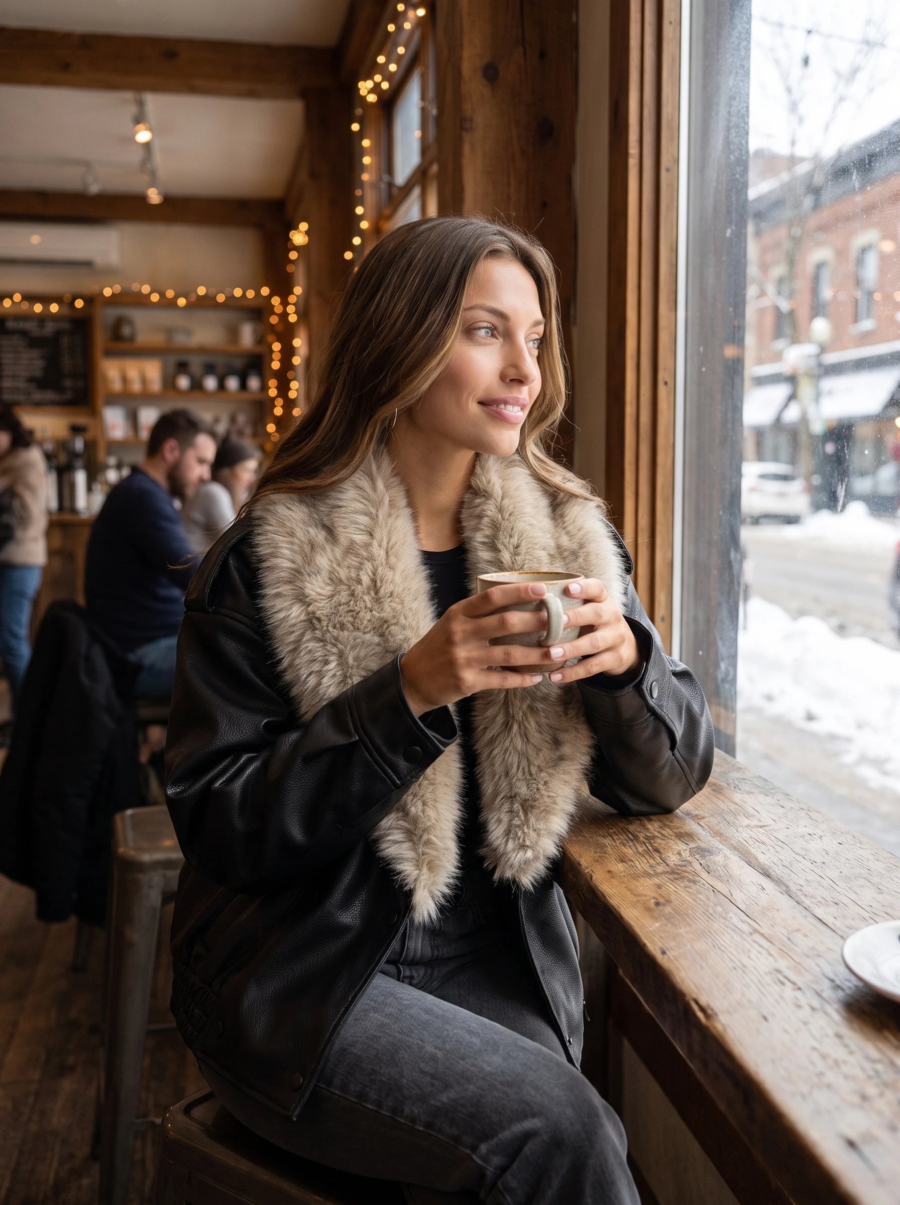 Veste simili noire à col fausse fourrure Honorée, portée dans un café d'hiver