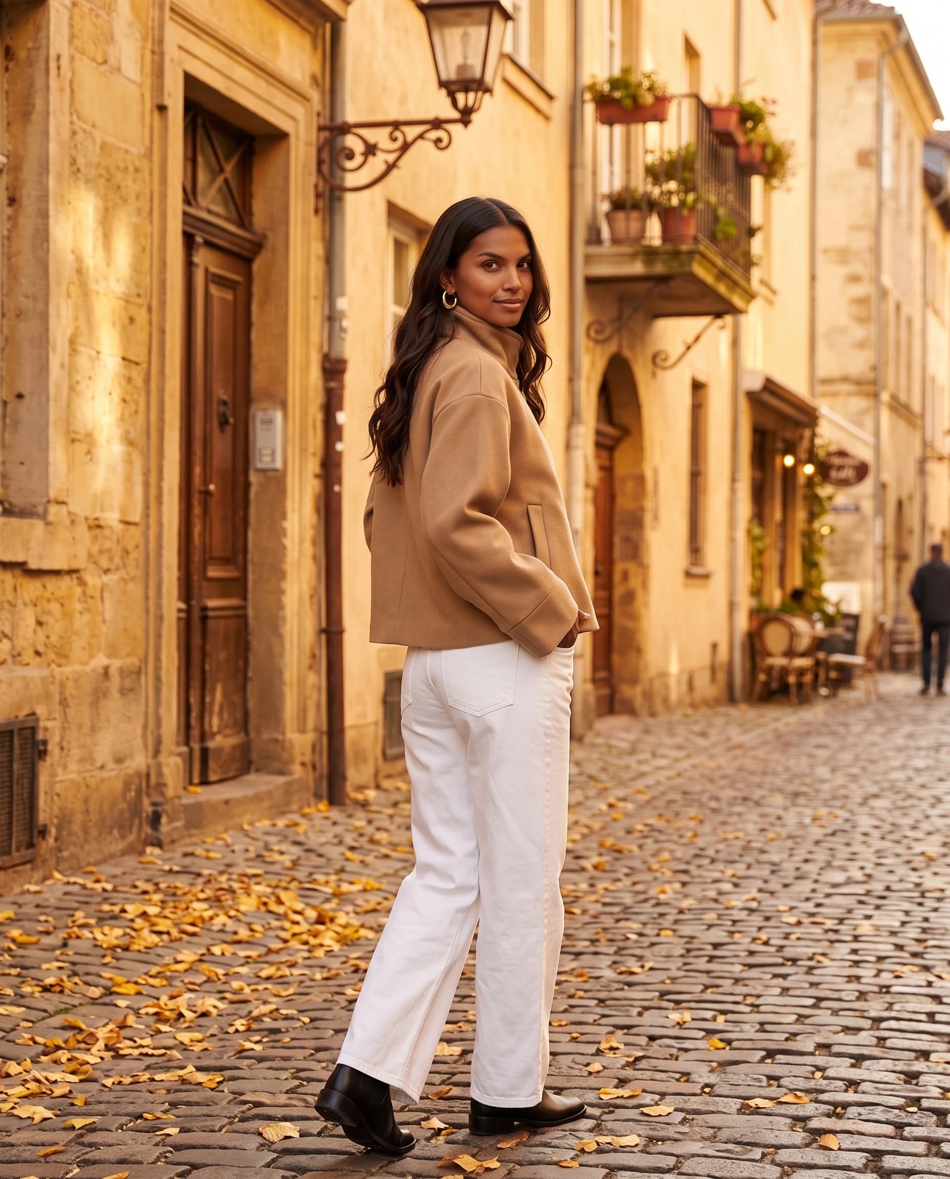 Veste courte à col montant camel Théa, portée dans une ruelle pavée en automne