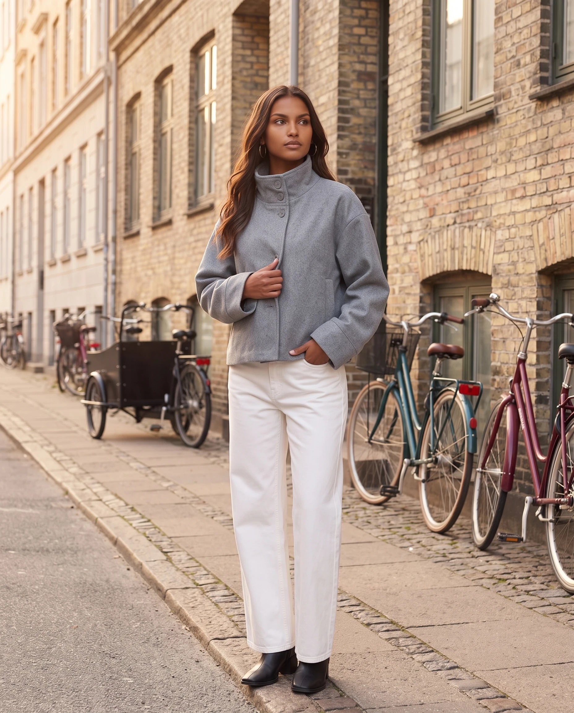 Veste courte à col montant grise Théa, portée dans une rue scandinave