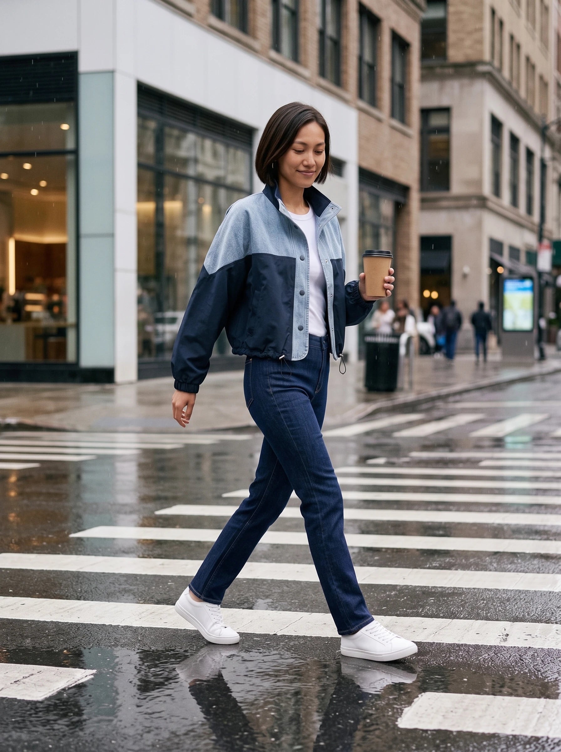 Veste color-block denim bleu marine Bertrande, portée en ville après la pluie