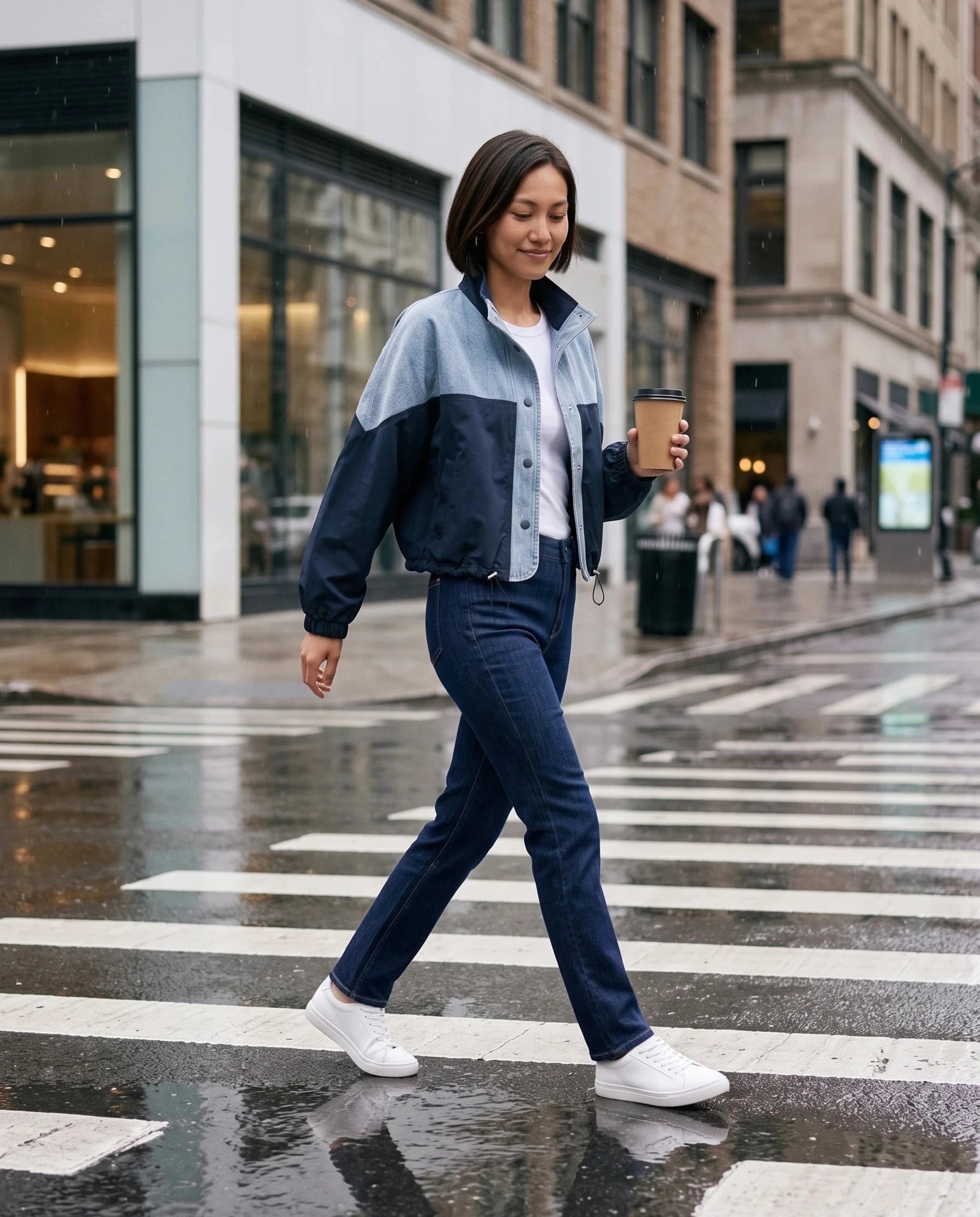 Veste color-block denim bleu marine Bertrande, portée en ville après la pluie