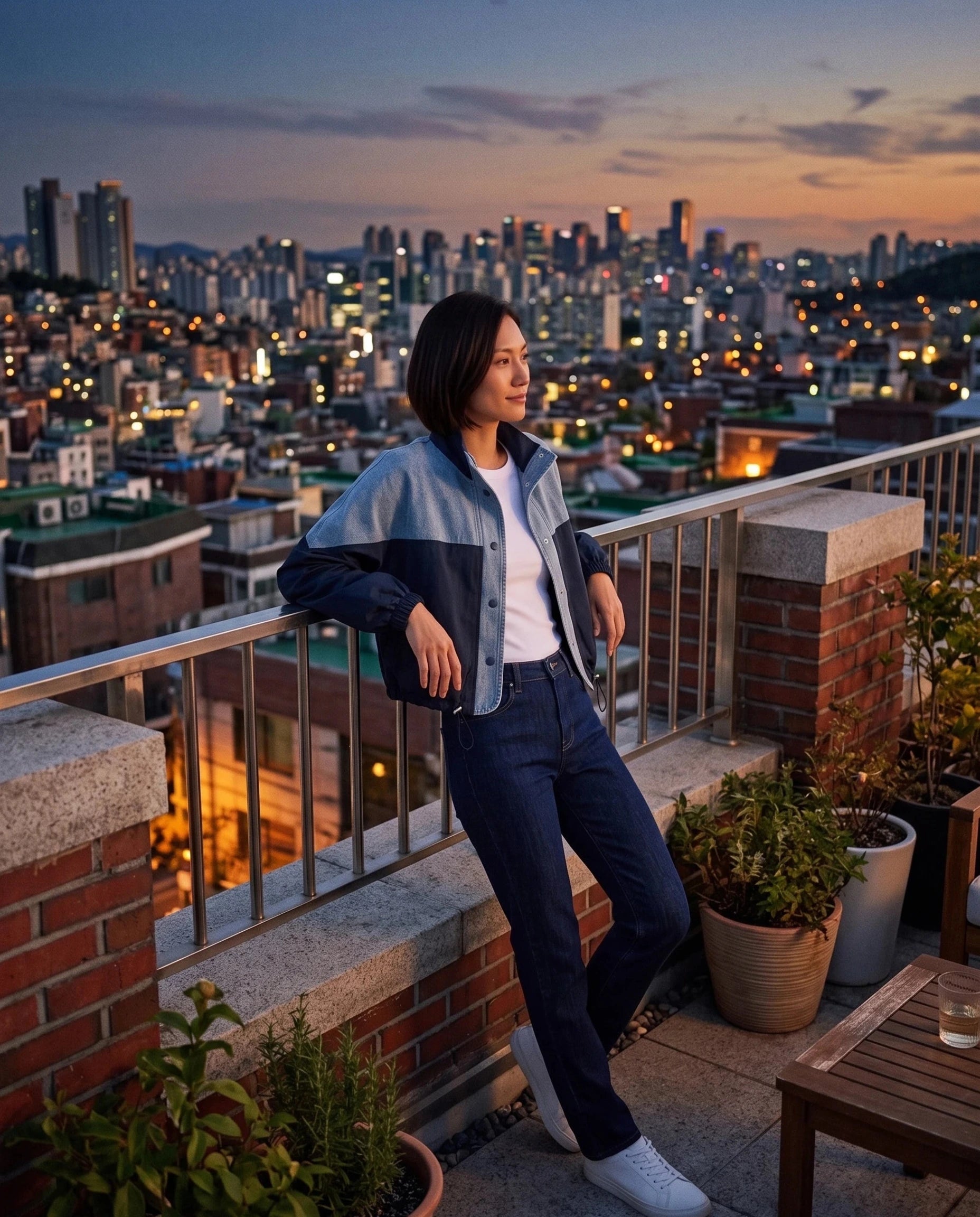 Veste color-block denim bleu marine Bertrande, portée sur un rooftop au crépuscule