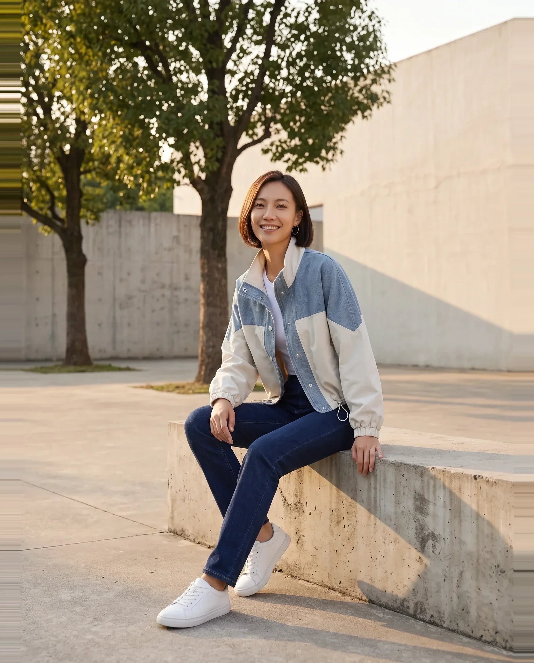 Veste color-block denim écru Bertrande, portée dans un parc urbain au soleil couchant