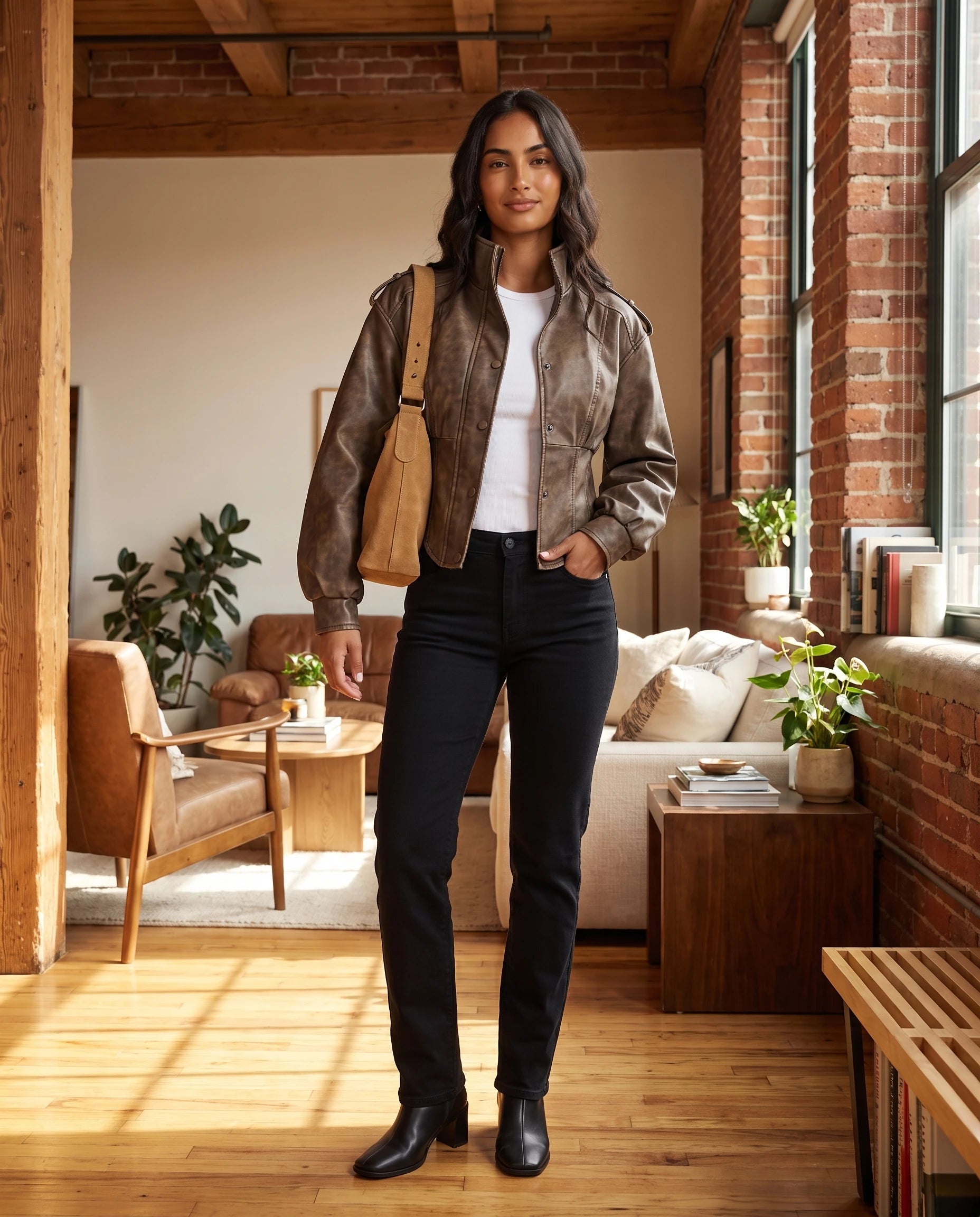 Veste corset en simili marron Fauve, portée dans un loft en brique