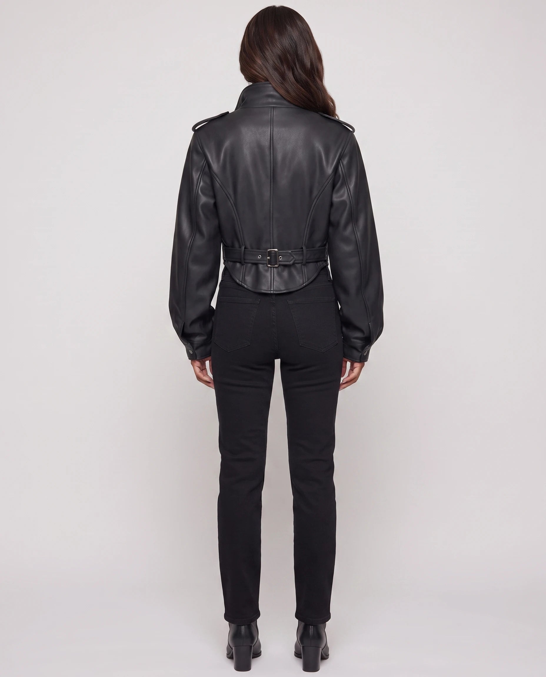 Veste corset en simili noir Fauve, vue de dos avec patte à boucle