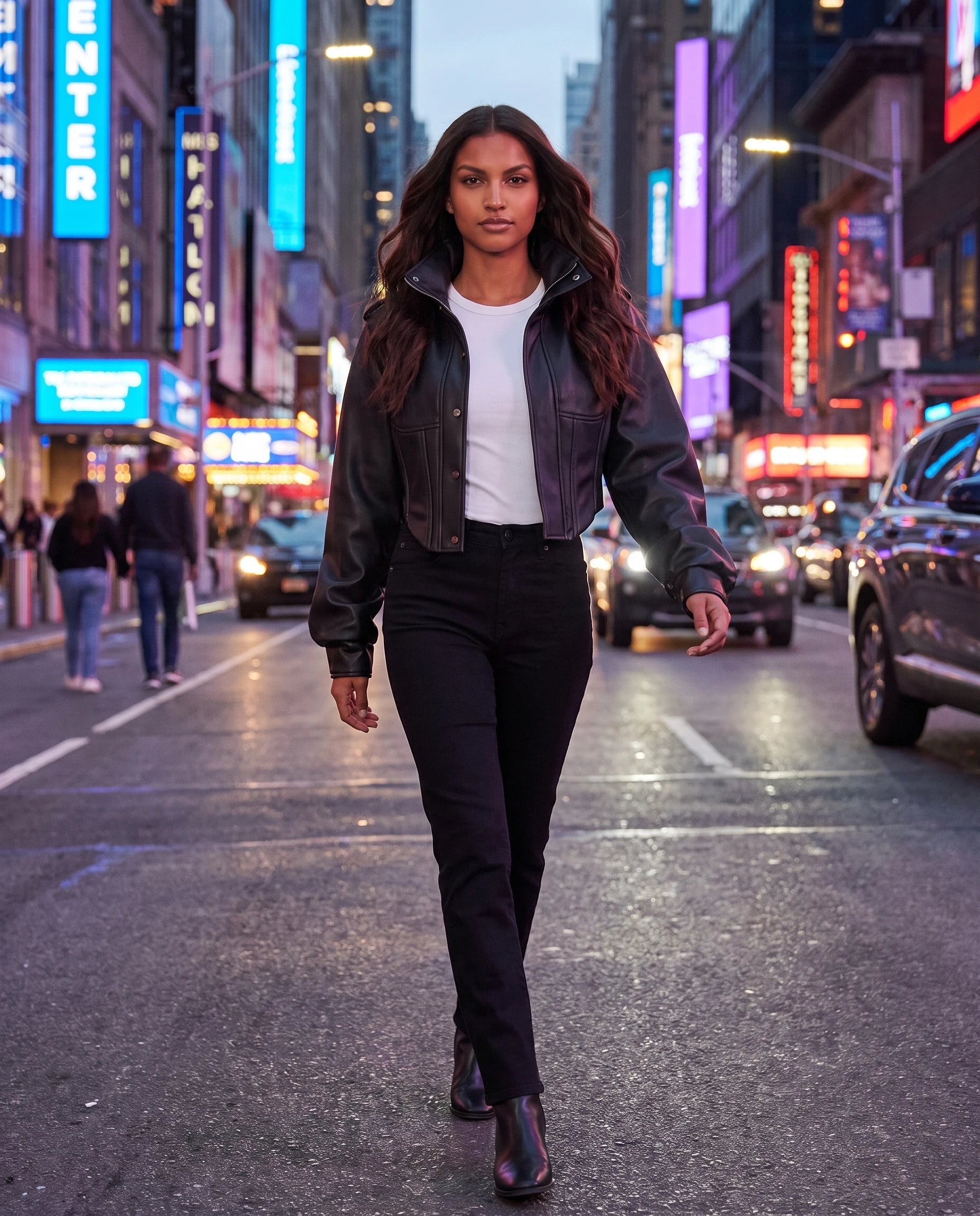 Veste corset en simili noir Fauve, avenue urbaine aux néons le soir