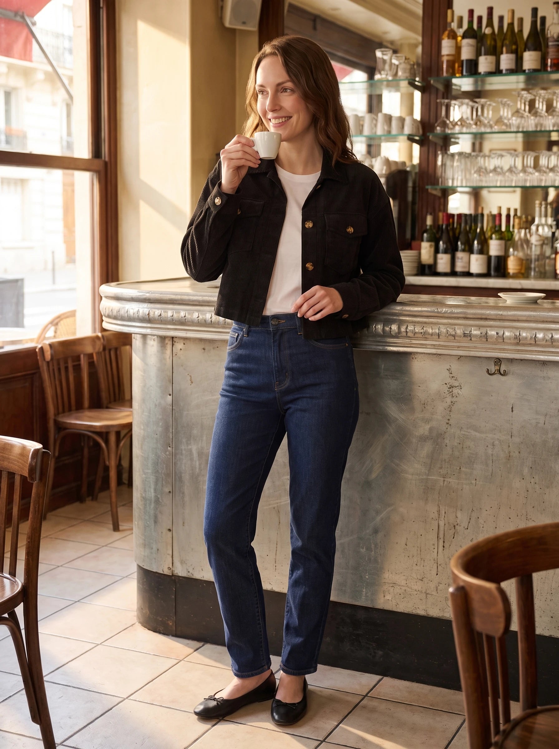 Veste courte en velours côtelé noire Simone, portée au comptoir d'un café parisien