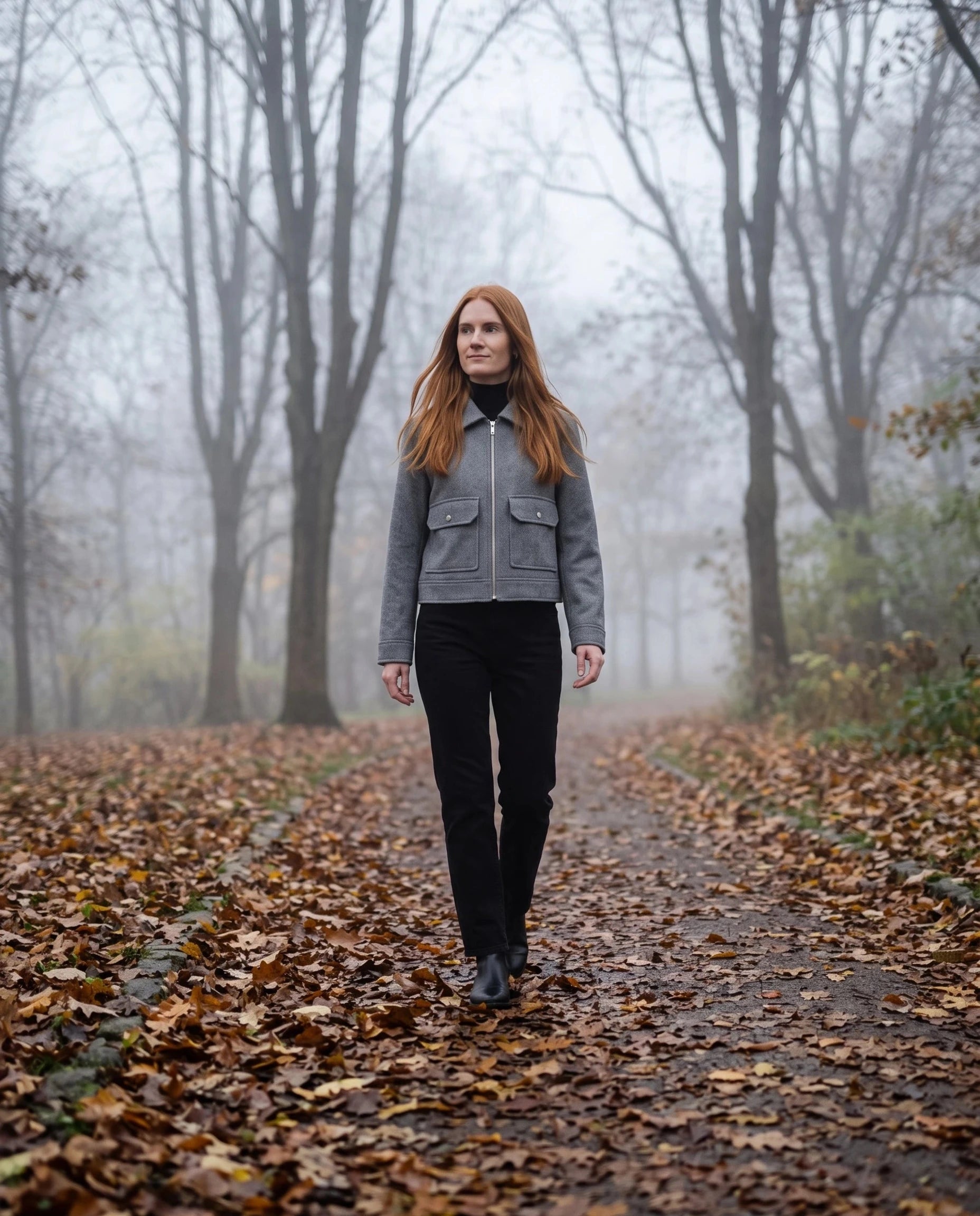 Veste courte en lainage gris chiné Solveig, portée dans un parc brumeux en automne