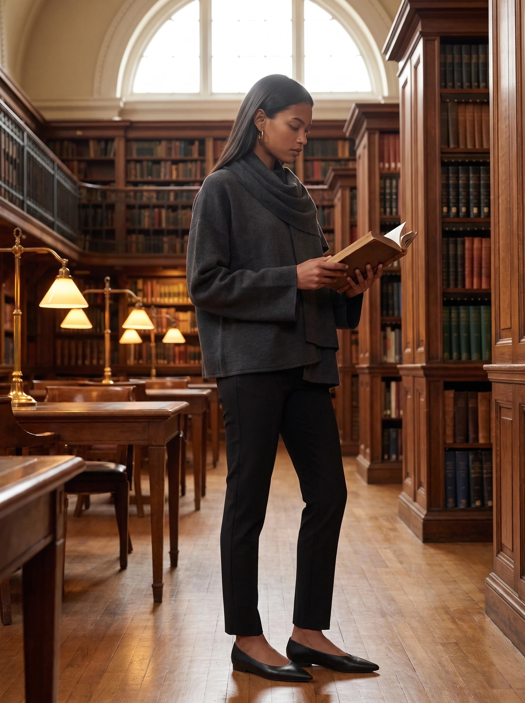 Veste en maille gris anthracite Méline, portée dans une bibliothèque ancienne