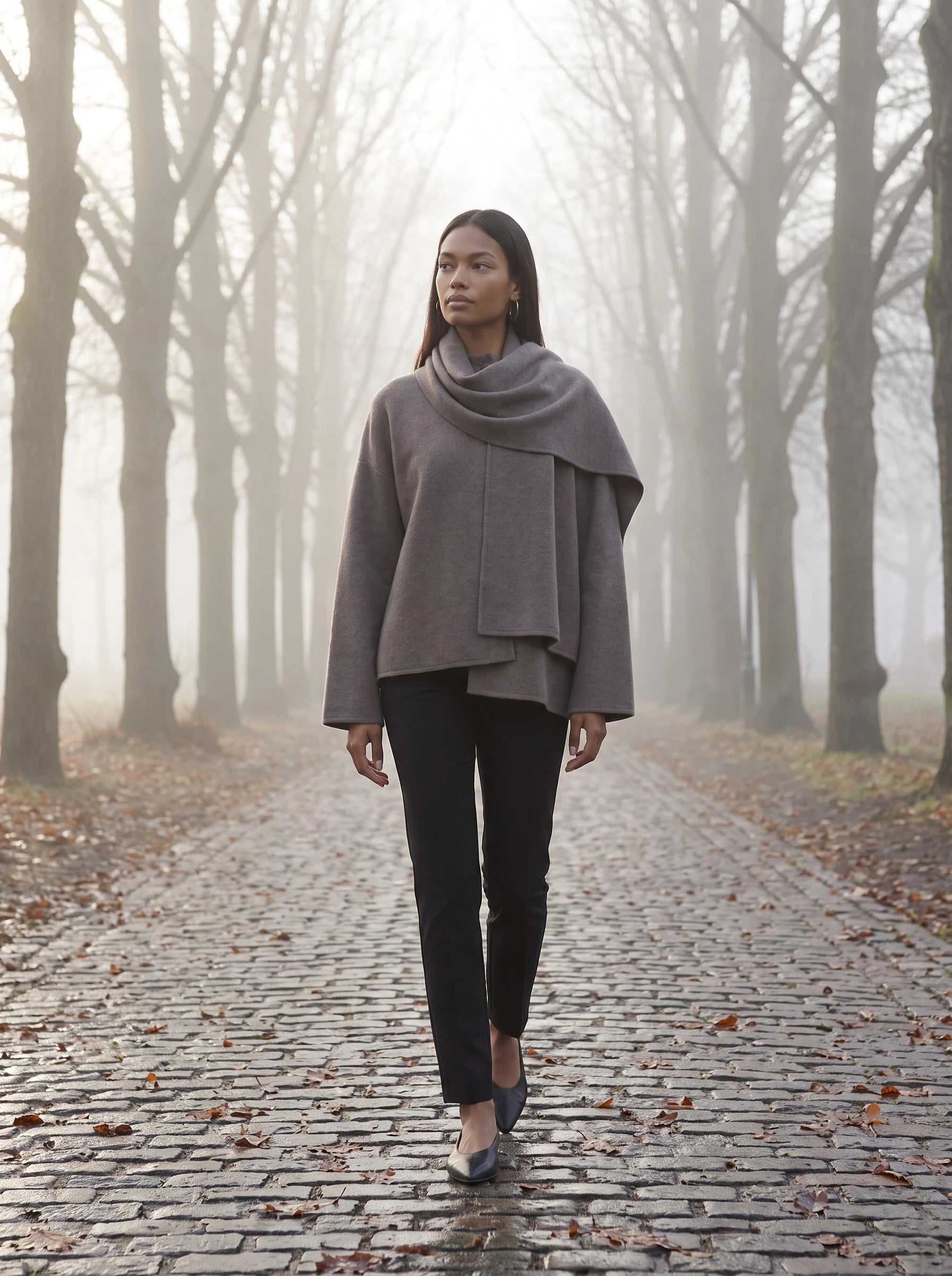 Veste en maille taupe Méline, portée dans une allée d'arbres sous la brume du matin
