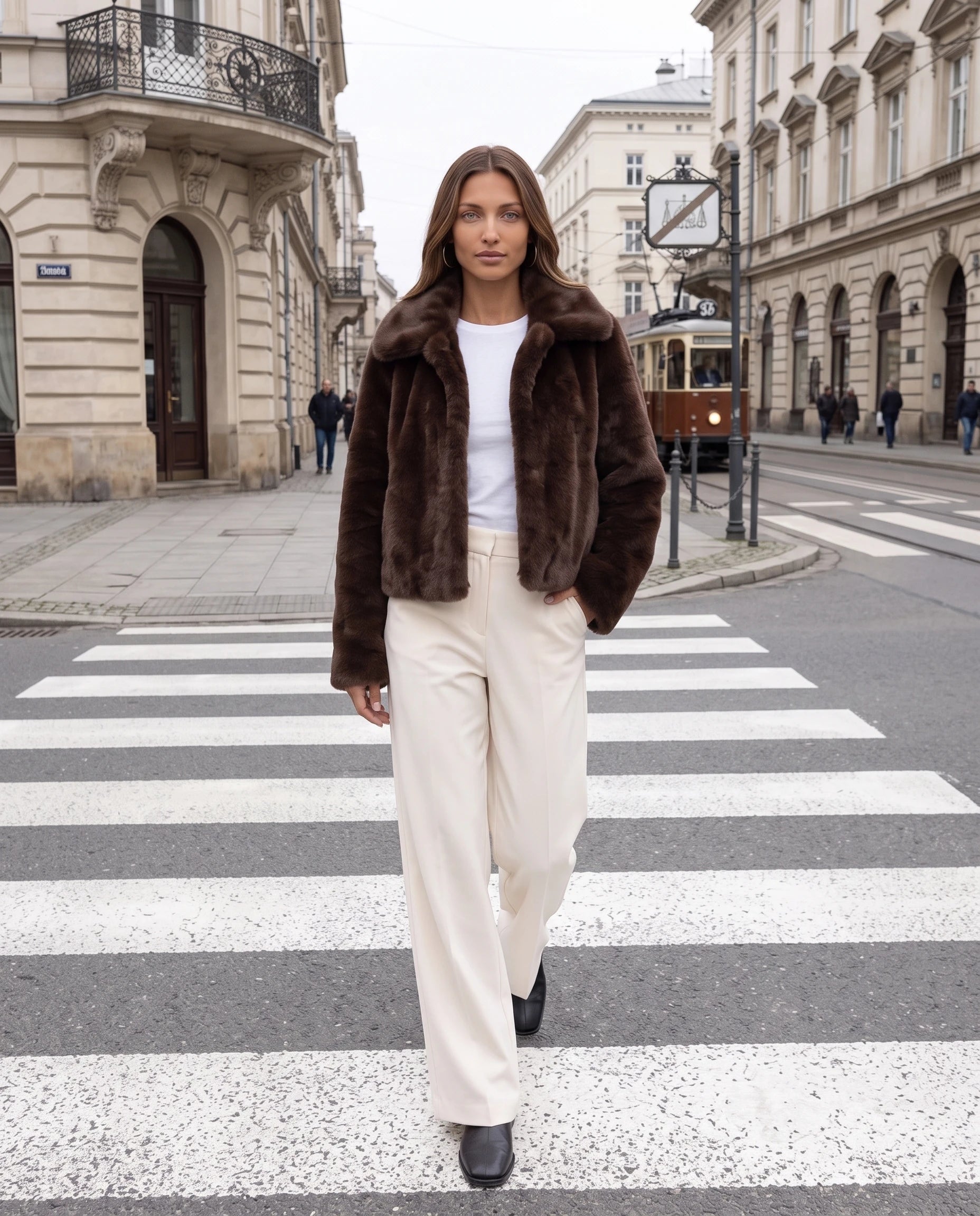 Veste courte en fausse fourrure chocolat Edwige, portée en ville de face