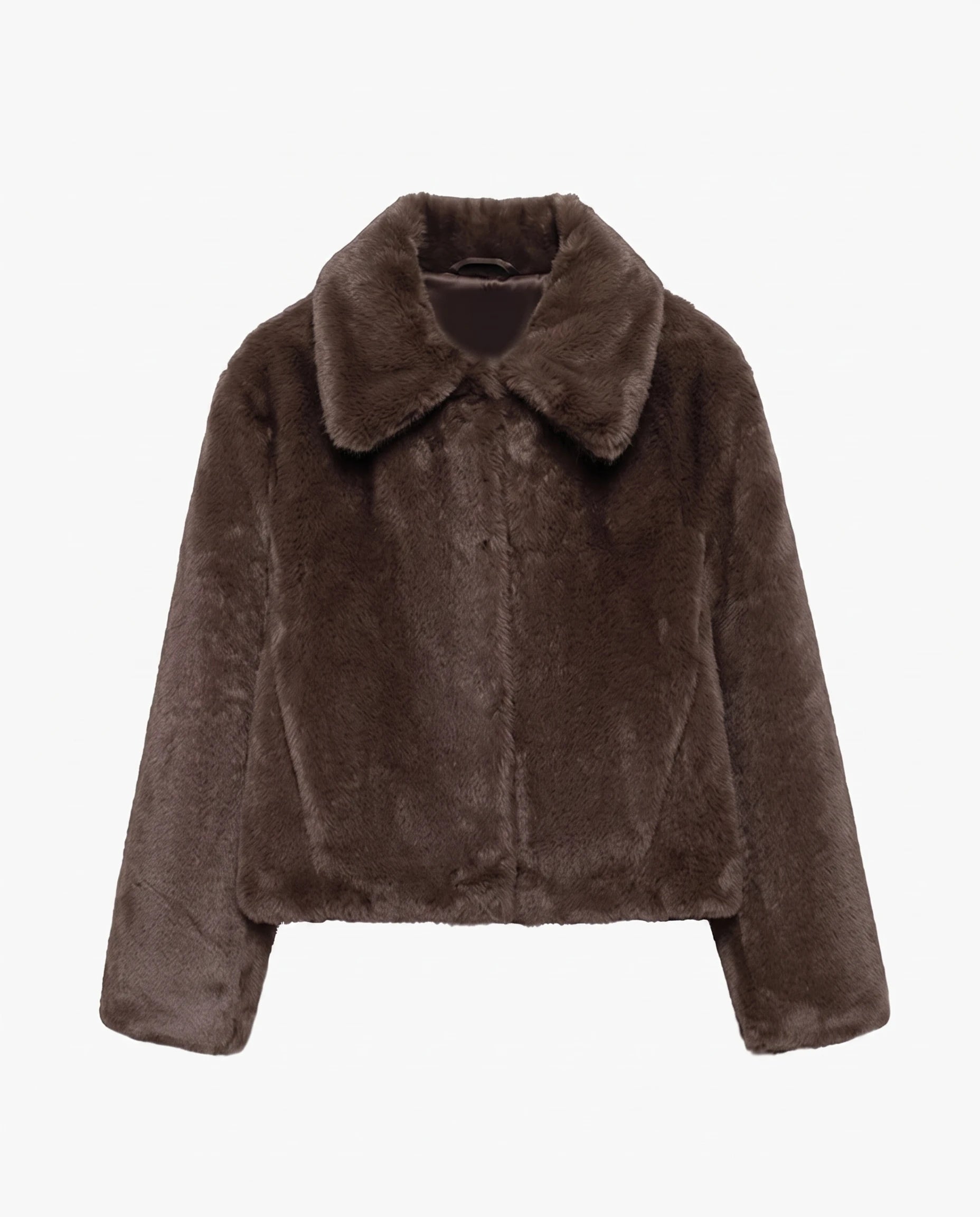 Veste courte en fausse fourrure chocolat Edwige, packshot de face
