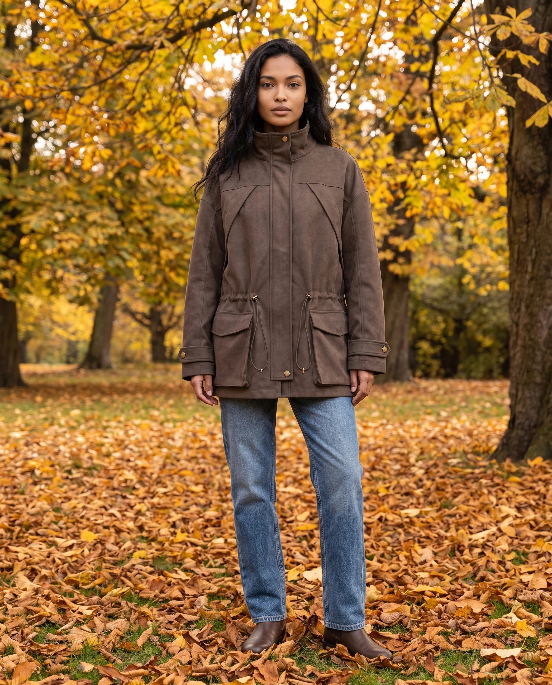 Veste mi-longue en suédine café Irène dans un parc automnal