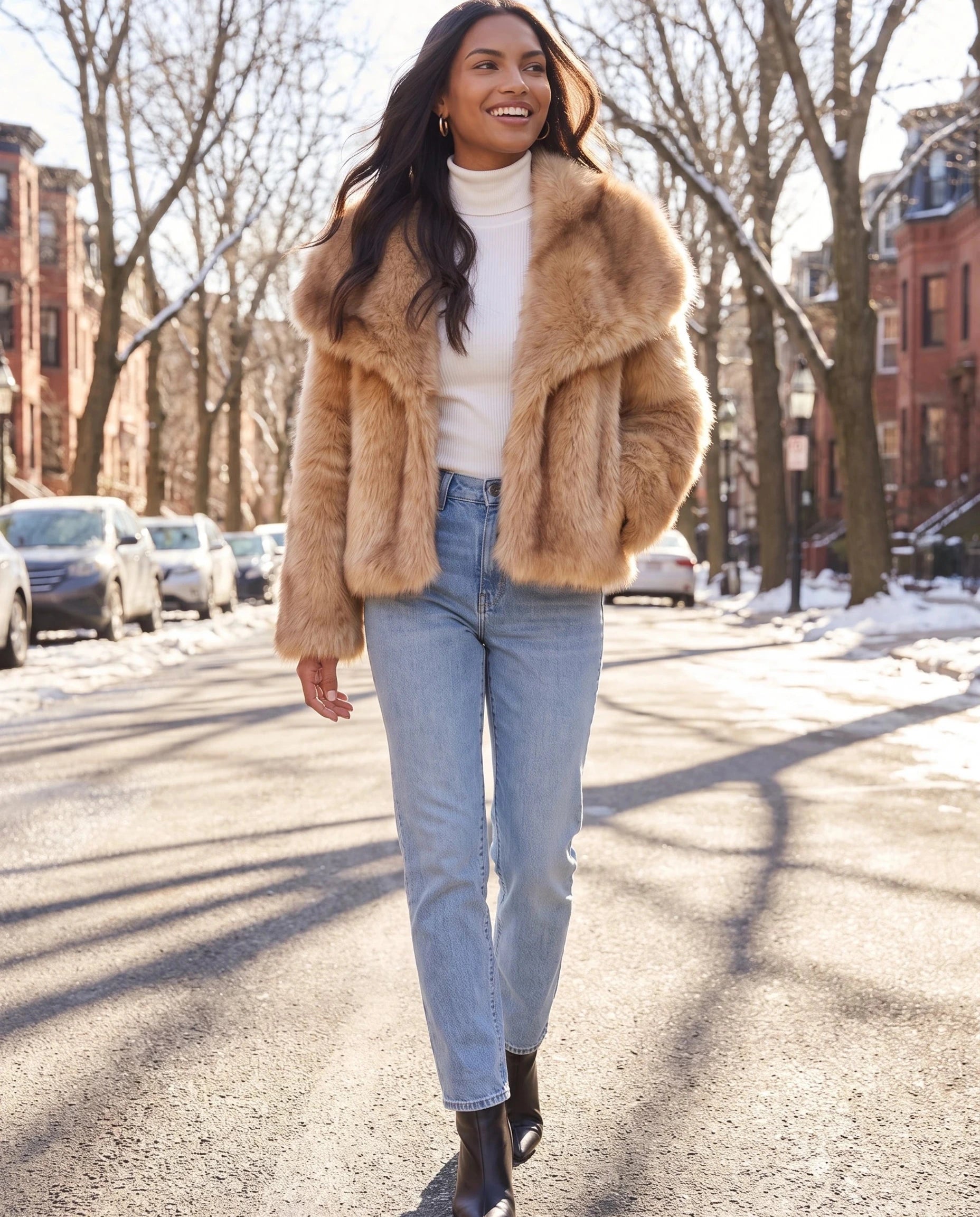 Veste fausse fourrure camel Nine, portée dans une avenue bordée d'arbres en hiver